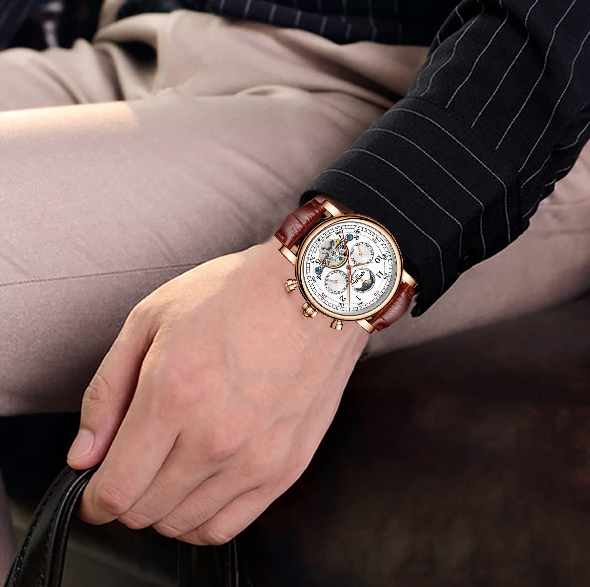 IK COLOURING Men's Mechanical Skeleton Watch - 44mm Automatic Self-Wind Wristwatch with Calendar, Week Display, Moon Phase & Tourbillon | Perfect for Business, Formal Events & Luxury Gift Giving