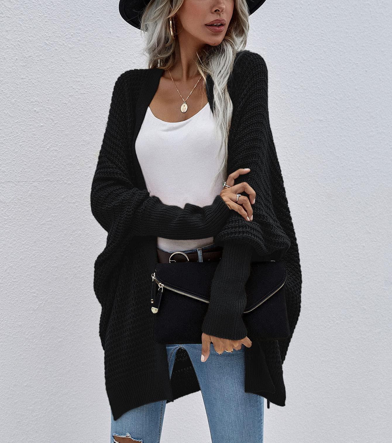 Women's Waffle Knit Cardigan - Ribbed Cuffs & Open Front Batwing Sweater - Long Sleeve Loose Fit Chunky Coat for Casual Wear | Perfect for Fall Layering, Coffee Dates & Cozy Home Outfits