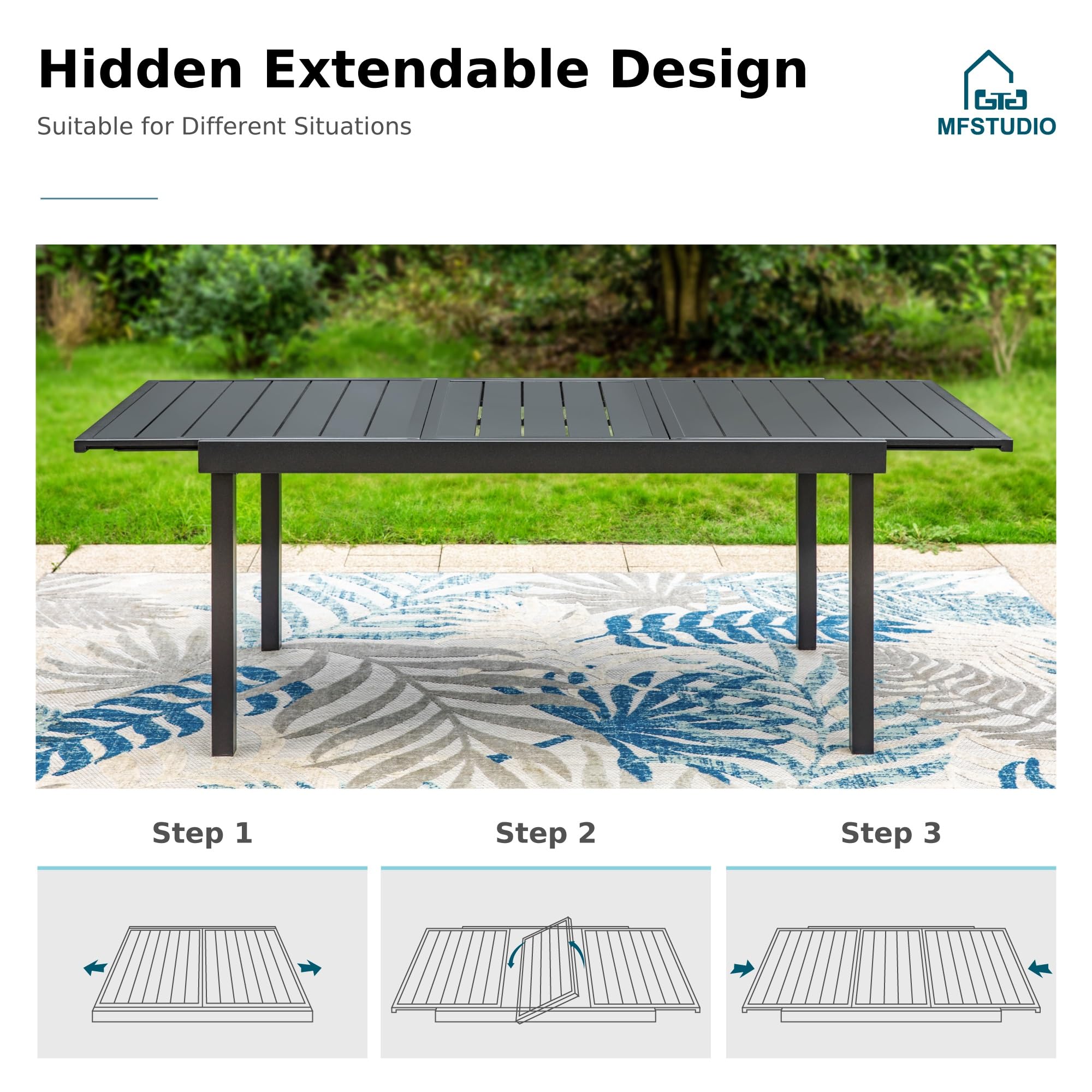 MFSTUDIO 7-Piece Outdoor Patio Dining Set - Extendable Metal Table & Rattan Chairs for 6 - Expandable Garden Furniture for Backyard, Deck, Poolside - Perfect for Outdoor Entertaining & Family Gatherings