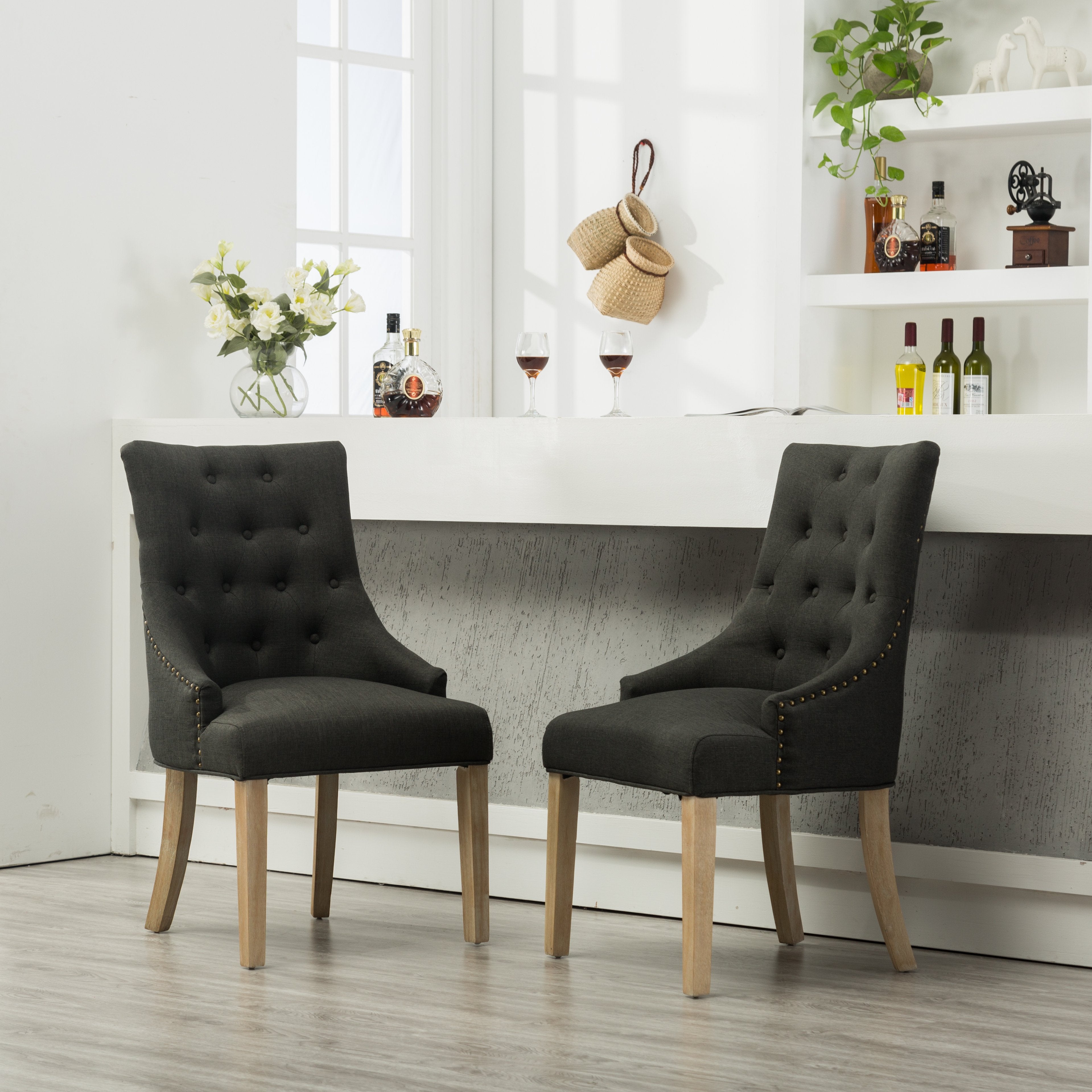 Roundhill Furniture Button Tufted Solid Wood Wingback Hostess Chairs with Nailheads, Set of 2 - Elegant Dining Room Seating for Formal Entertaining & Home Decor