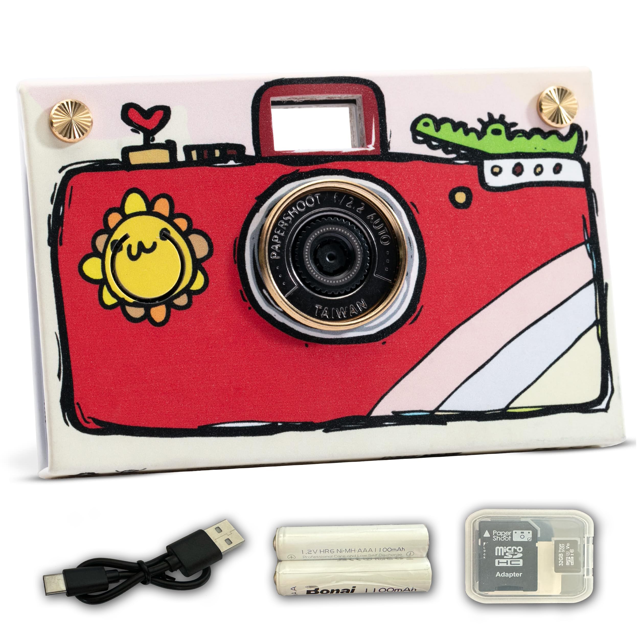 Paper Shoot Camera - 18MP Compact Digital Camera for Kids with 4 Filters, 10-Second Video & Timelapse | Includes 32GB SD Card, 2 Batteries & Case (Red Hand Drawn) | Perfect for Travel, Birthday Gifts & Creative Photography