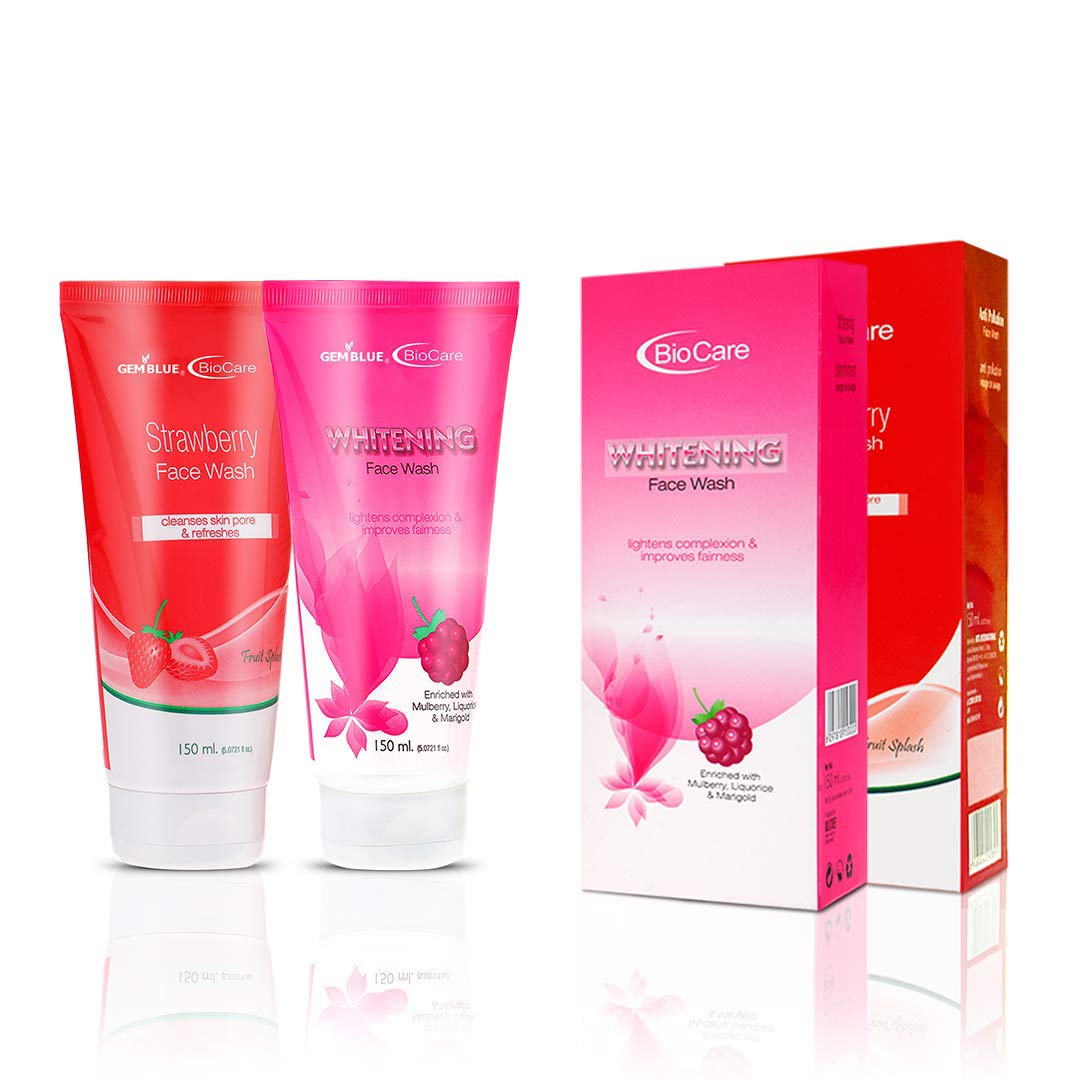 GEMBLUE BioCare Strawberry Face Wash & Whitening Face Wash Set - 150ml Each | Natural Skincare for Brightening & Hydration | Perfect for Daily Cleansing & Glowing Skin Routine