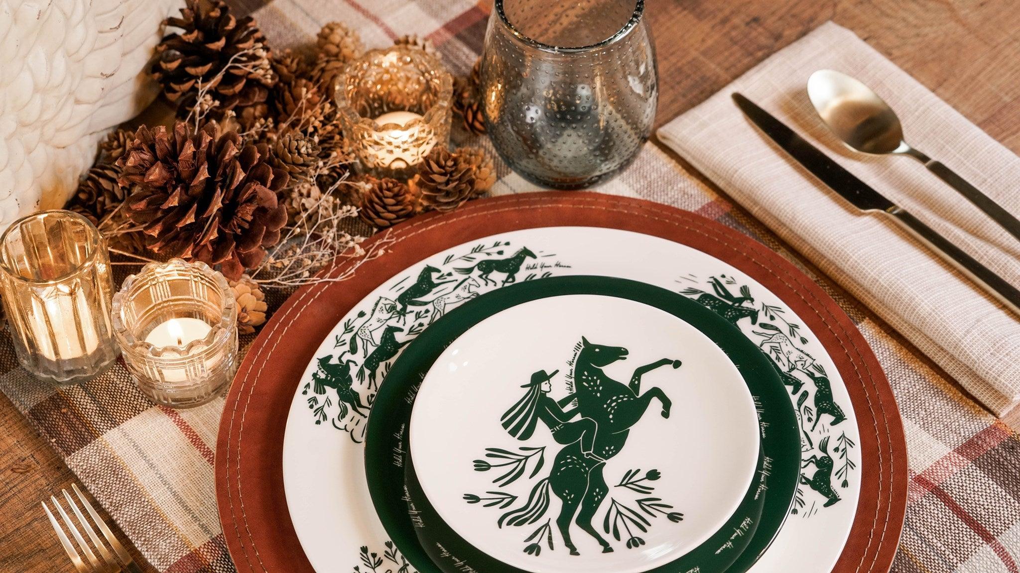Hold Your Horses Dinner Plate Set - 4-Piece Farmhouse Style Ceramic Plates for Everyday Use, Family Dinners & Country-Themed Decor