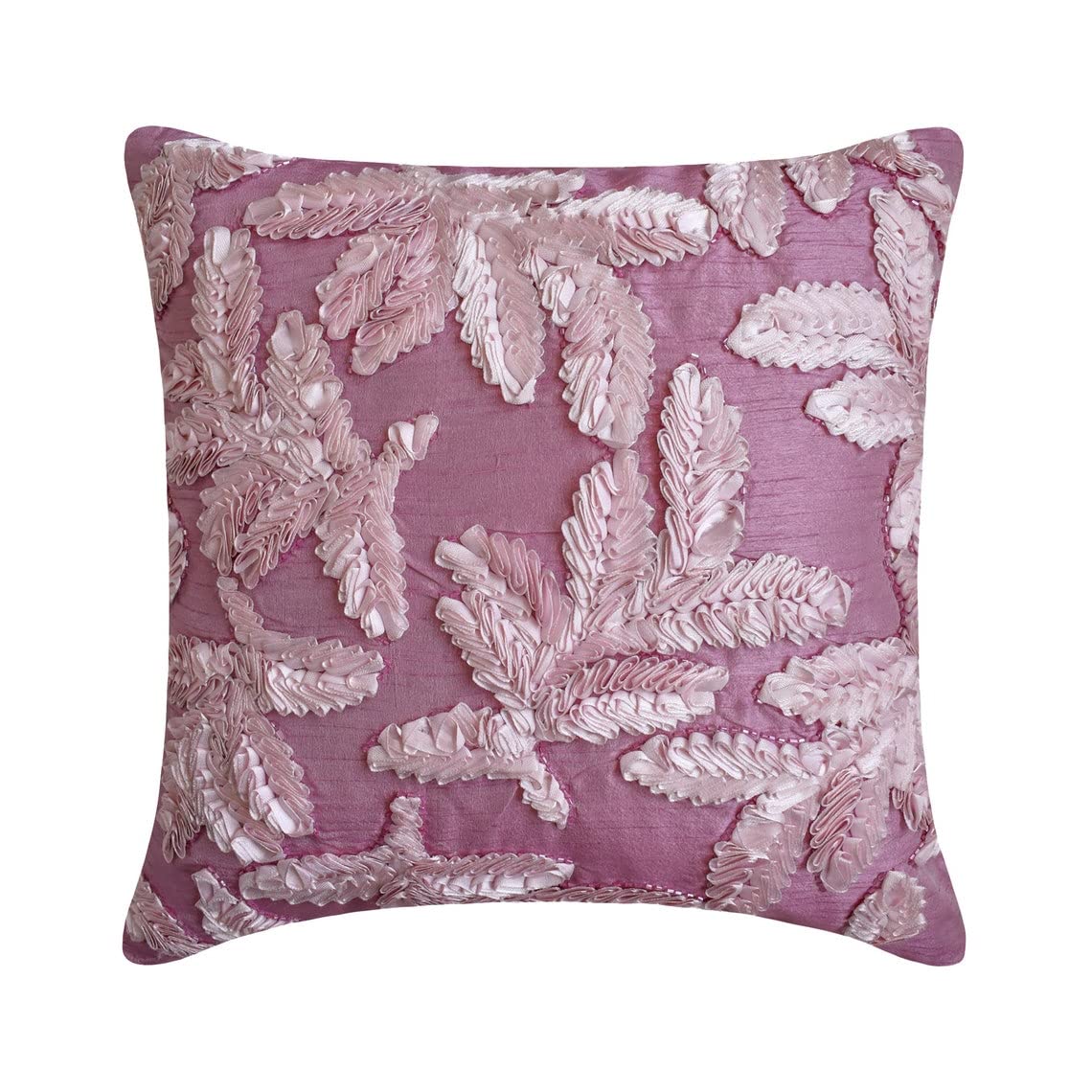 Premium Silk Euro Pillow Sham 26x26 Inch (65x65 cm) - Floral Leaf Embroidery, Pink Ribbon Trim, Luxury European Sham Cover for Bedroom Decor, Easter Home Styling