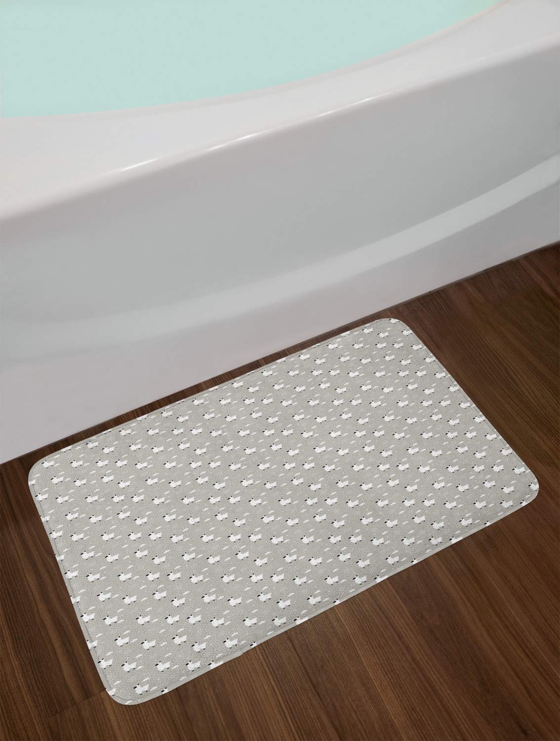 Ambesonne Non-Slip Sheep Bath Mat - Soft Plush Scandinavian Style Animal Print with Clouds & Polka Dots, 30.2