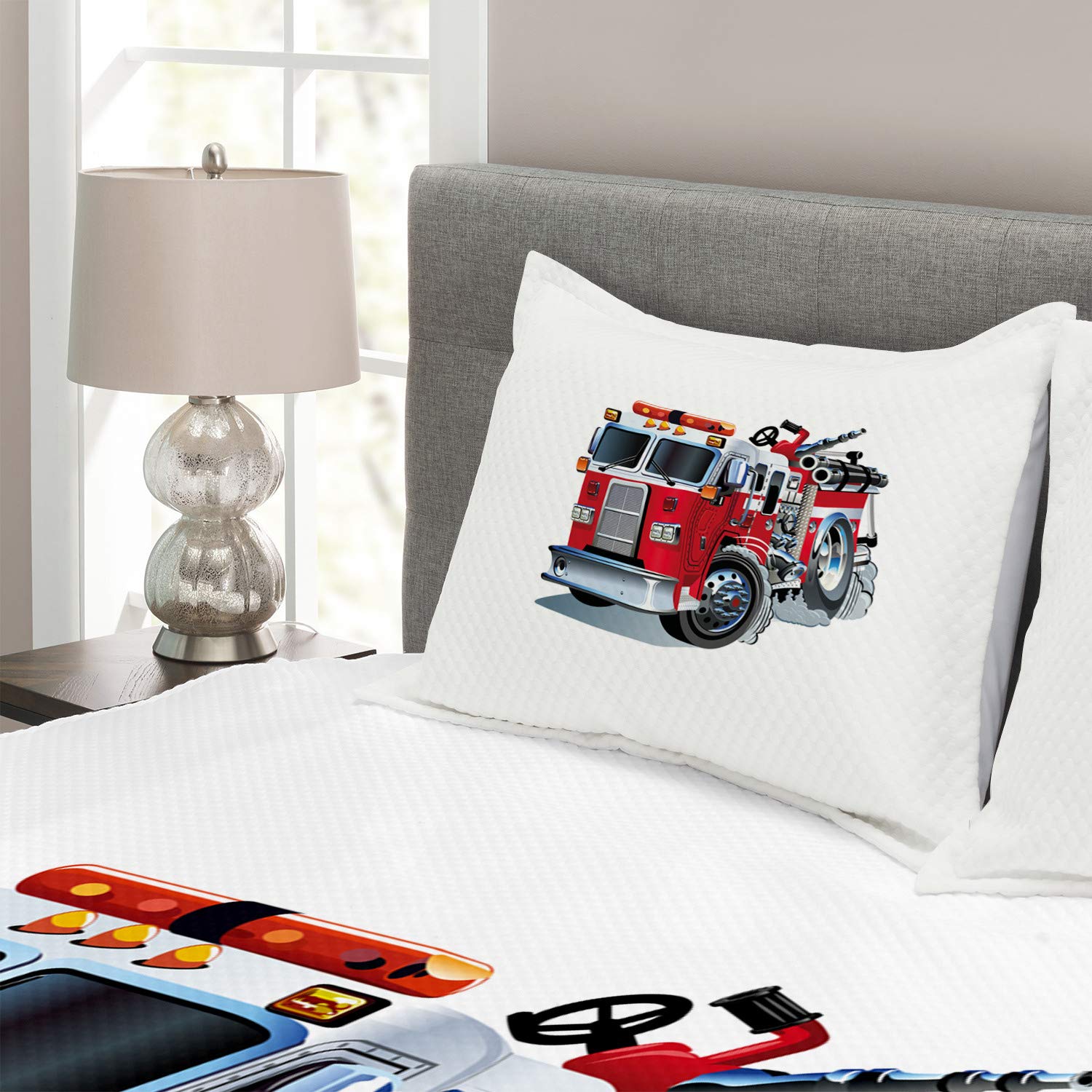 Ambesonne Truck Themed Bedspread Set - 3 Piece Decorative Bedding with 2 Pillow Shams, King Size Grey Red - Brigade Vehicle Emergency Aid Design for Public Transportation Lovers | Perfect for Truck Enthusiast Bedrooms, Man Caves & Themed Guest Rooms
