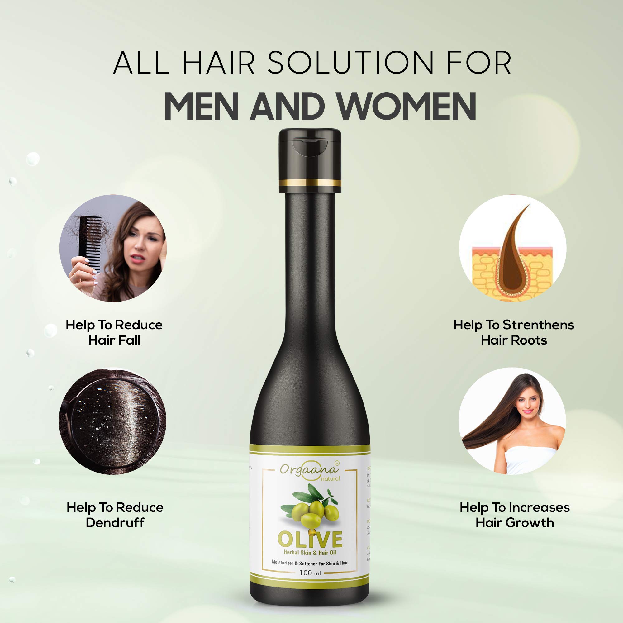 Orgaana 100% Pure Natural Olive Oil for Hair Growth, Skin Moisturizer & Body Massage - 3.4 fl oz (100ml) - Perfect for Dry Scalp, Split Ends, Anti-Aging & Relaxation Therapy