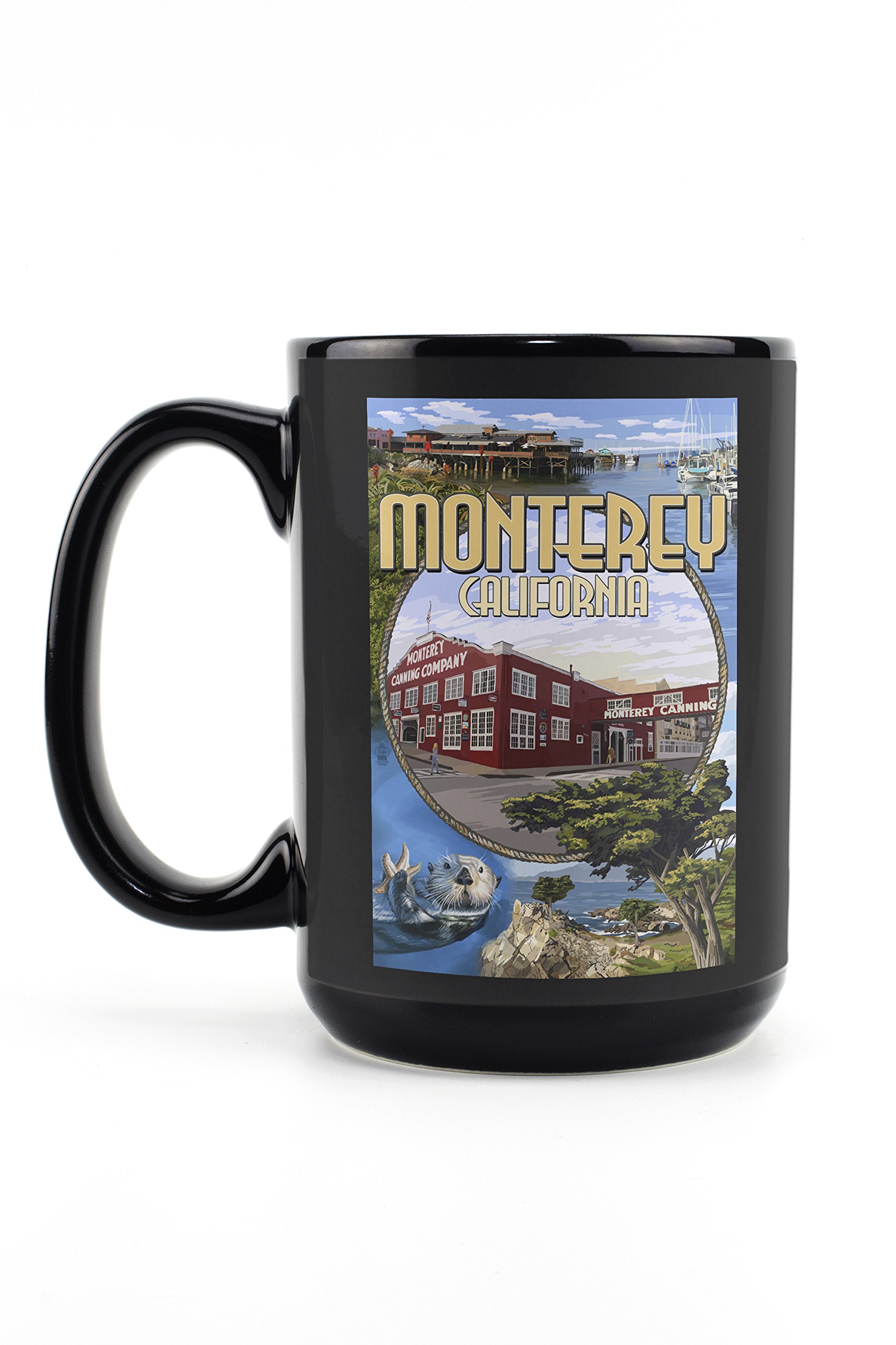 Lantern Press Monterey California Scenes 15oz Black Ceramic Coffee Mug - Microwave & Dishwasher Safe - Perfect for Home, Office & Gifts