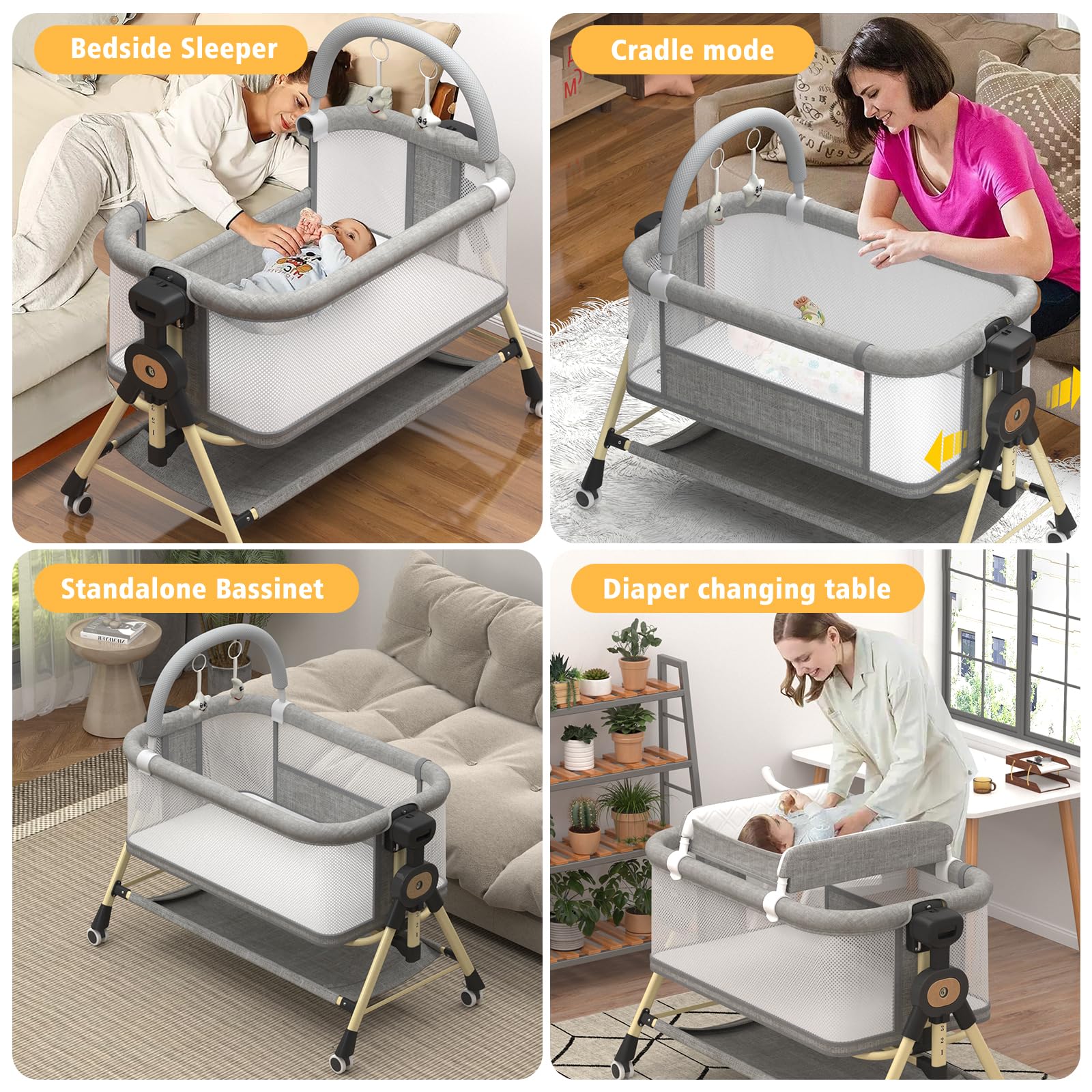 4-in-1 Portable Baby Bassinet with Changing Station & Storage Basket - CPSC Certified Bedside Sleeper with Horizontal Sway Function for Newborns | Perfect for Nursery, Bedside Co-Sleeping & Travel