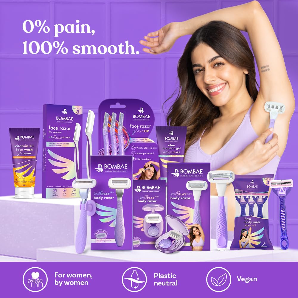 Bombae Rollplay Glow Women's Hair Removal Razor with Aloe Vera, Vitamin E & Jojoba Oil | 1 Razor + 1 Refill | Roller Technology for Smooth Shaving | Curve-Friendly Design | Long-Lasting Results | Perfect for Bikini Line, Legs & Underarms