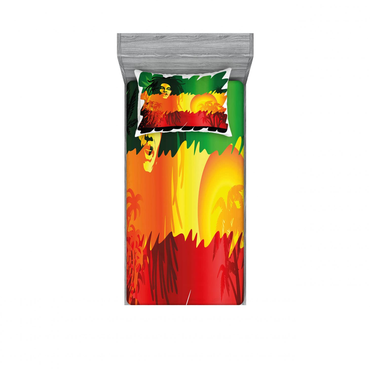 Ambesonne Rasta 2-Pack Twin Fitted Sheet & Pillow Sham Set - Reggae Music Inspired Bedding Decor (2 Fitted Sheets + 2 Pillow Covers) in Vibrant Orange & Yellow | Perfect for Music Lovers' Bedrooms, Dorm Rooms & Bohemian Home Decor