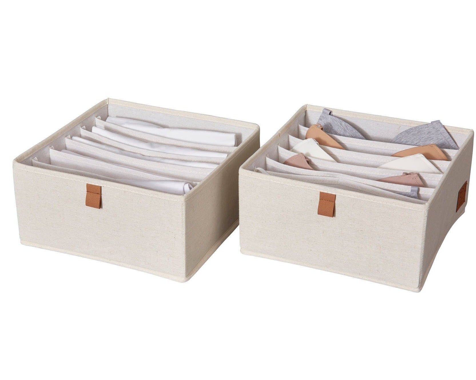6 Compartment Fabric Wardrobe Organizer - 2 Pack Cream Storage Bins for Closet, Bedroom & Seasonal Clothes Organization