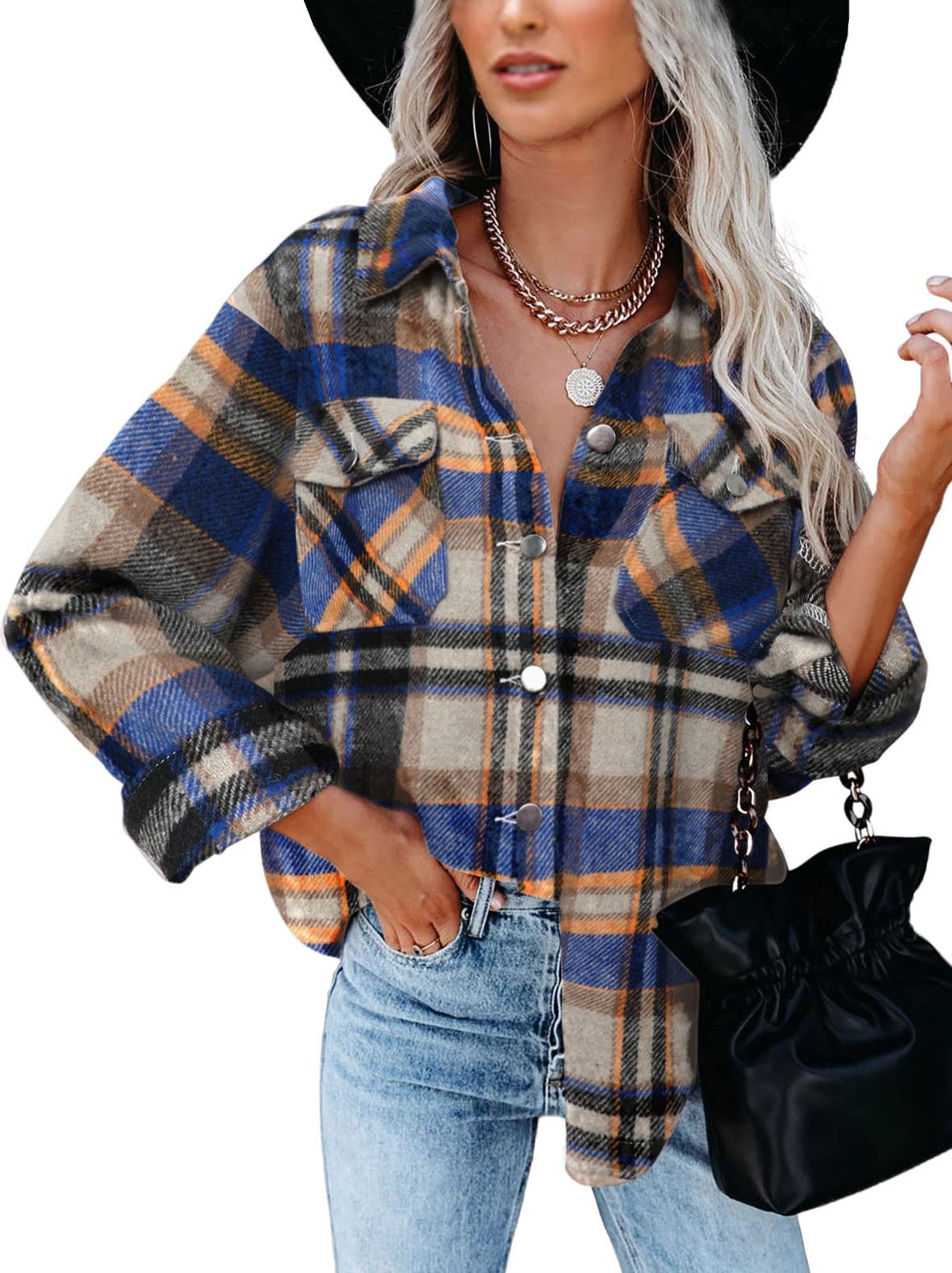 BTFBM Women's Plaid Flannel Shacket - Long Sleeve Button Down Casual Shirt Jacket for Fall & Spring | Loose Fit Blouse Top for Outdoor Activities, Work & Weekend Wear (2025 Fashion)
