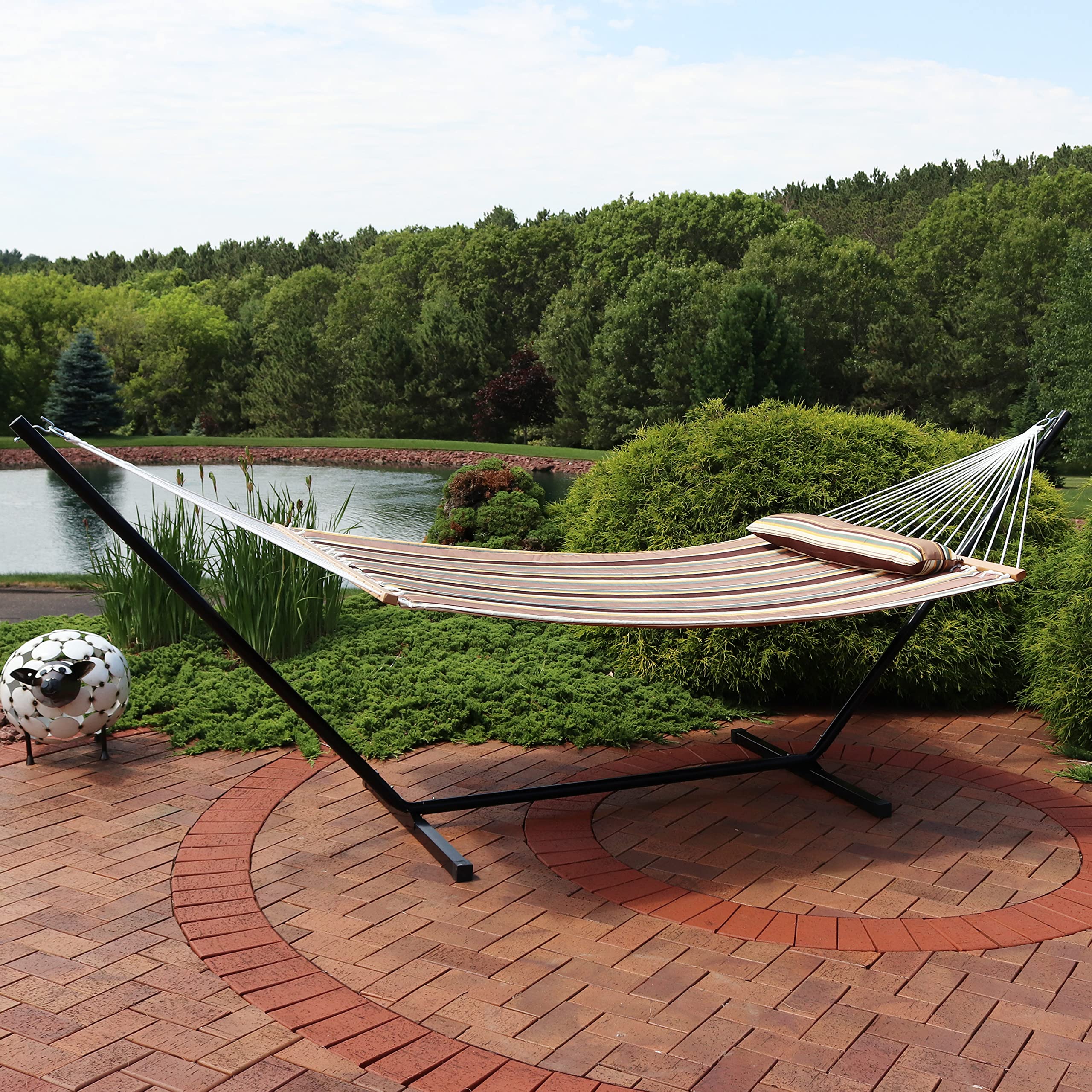 Sunnydaze Quilted Double Hammock with Stand for Outdoor Use - 350 lb Weight Capacity 2-Person Hammock Set - 12 ft Adjustable Steel Stand - Perfect for Backyard, Beach, Camping & Patio Relaxation