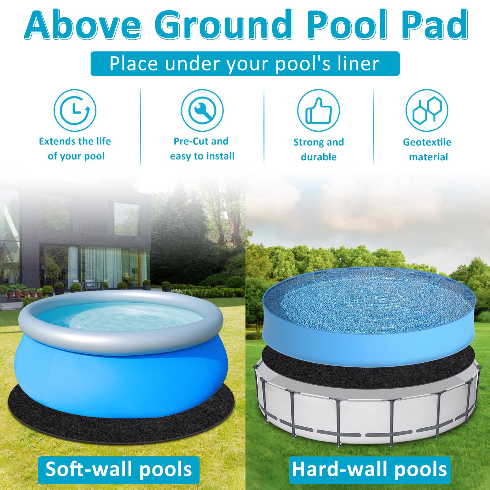 15FT Round Above Ground Pool Pad - Durable Geotextile Under Pool Mat for Puncture Protection | Extends Inflatable Pool & Hot Tub Liner Life | Perfect for Backyard, Patio & Outdoor Swimming Areas