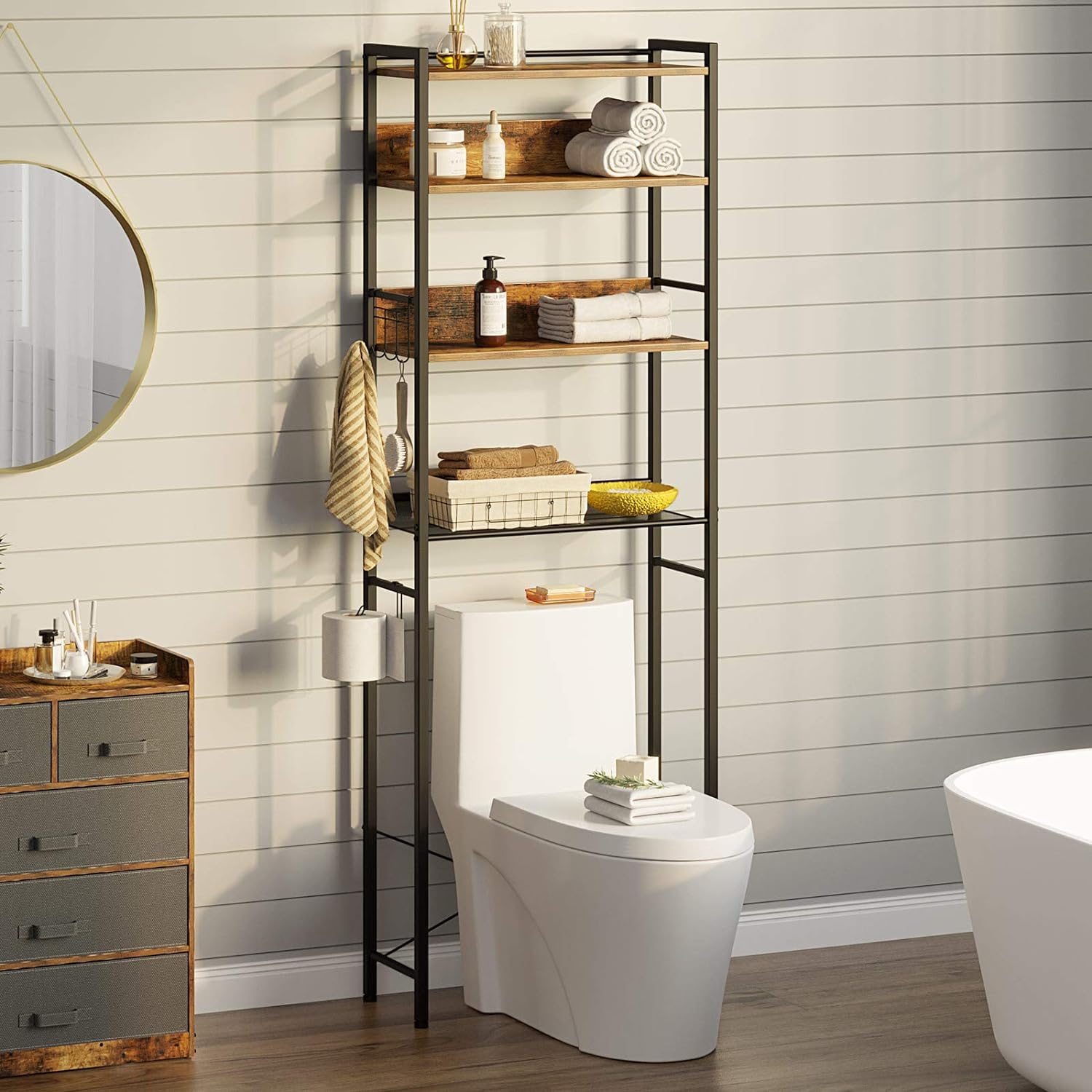 Rolanstar 4-Tier Over The Toilet Storage Organizer - Freestanding Bathroom Shelf with Hooks, Space-Saving Design for Small Bathrooms, Rustic Brown - Perfect for Towels, Toilet Paper & Bathroom Essentials Storage