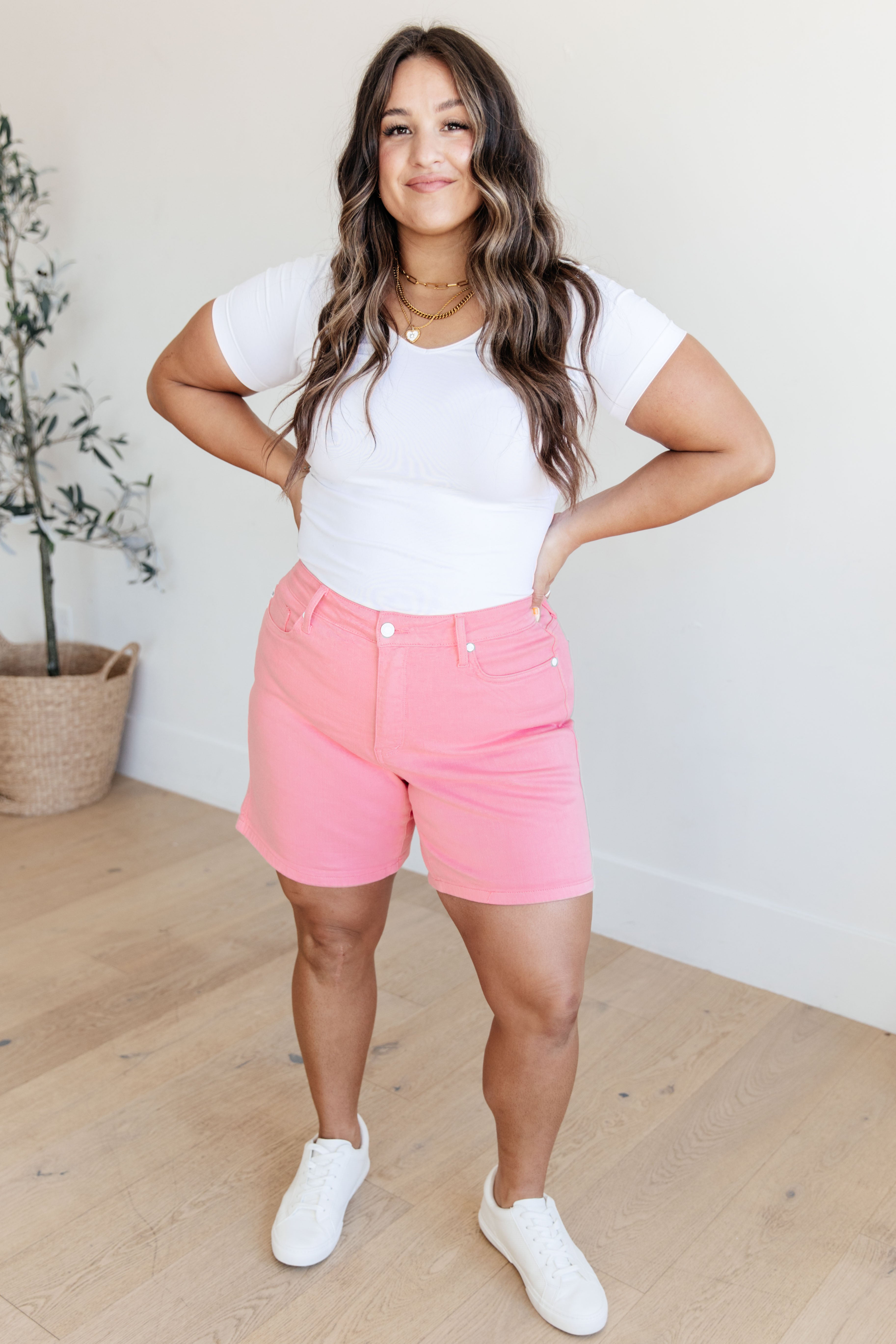 Judy Blue Pink Jenna High Rise Control Top Cuffed Shorts for Women - Comfortable Stretch Denim Shorts with Tummy Control - Perfect for Summer, Casual Outfits & Beach Vacations
