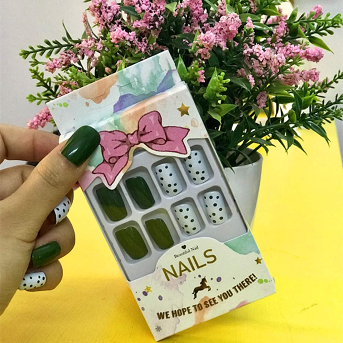 24Pcs Stunning Avocado Green Press on Nails with Glue - Long Lasting Fake Nails for Women, Easy to Apply & Reusable - Perfect for Parties, Weddings, Date Nights & Special Occasions