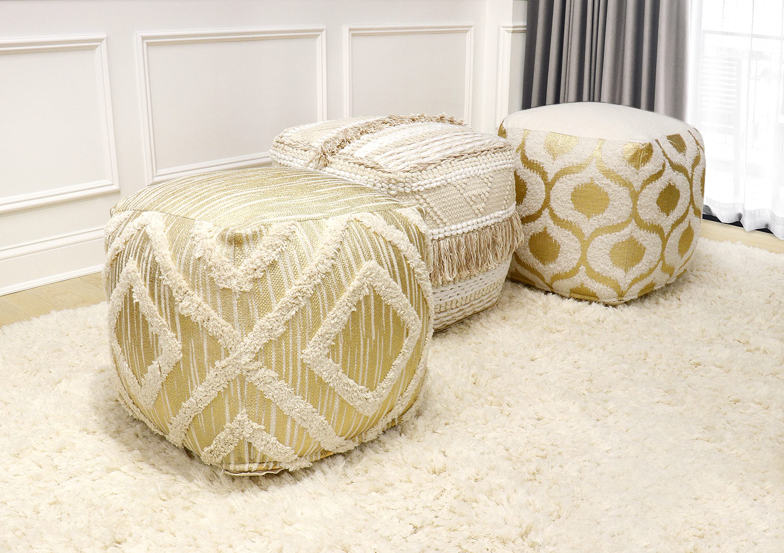 Pasargad Home Grand Canyon Cotton Pouf Ottoman - Ivory White Boho Floor Cushion for Living Room, Bedroom & Nursery - Cozy Seating & Footrest for Home Decor
