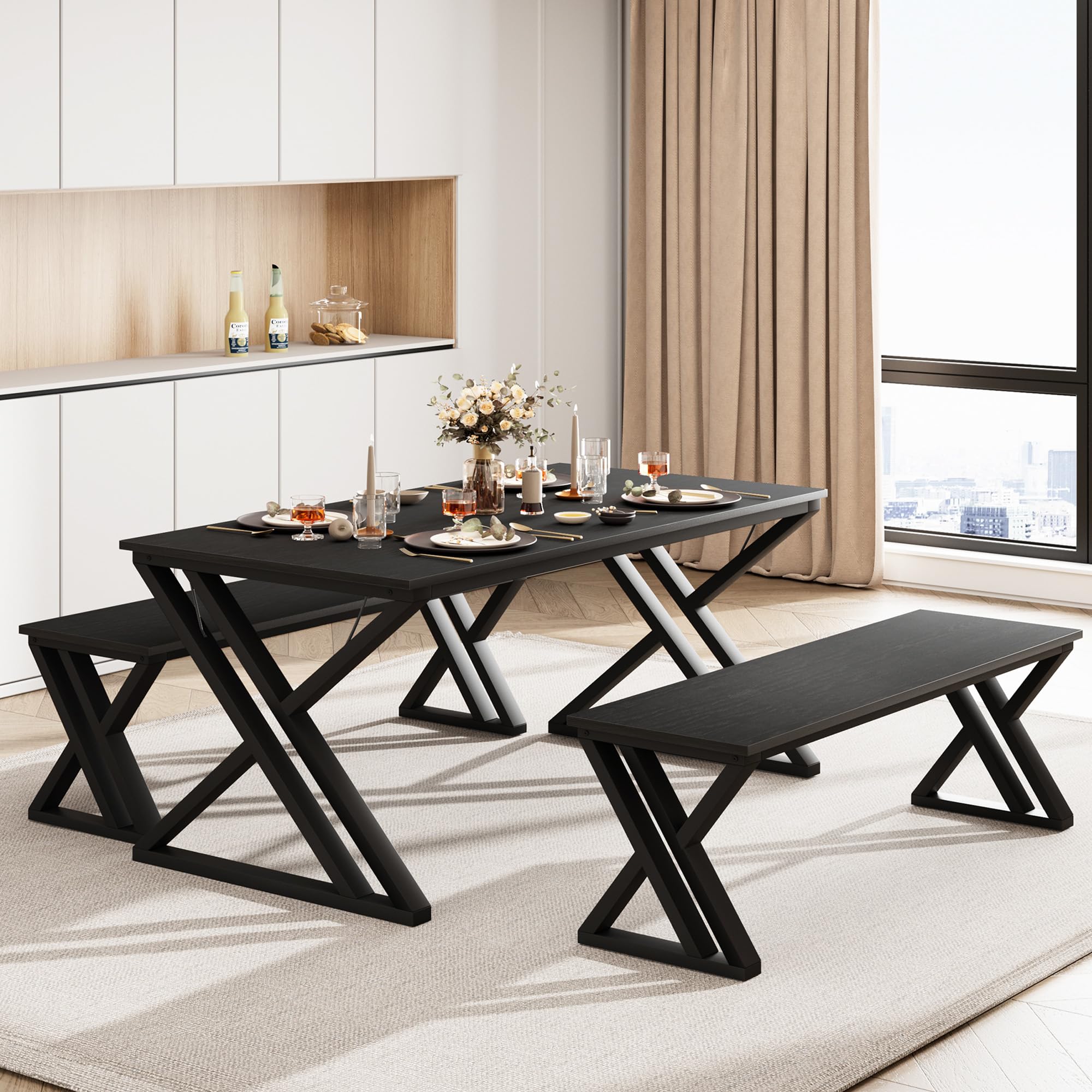 GAOMON 55 Inch Black Dining Table Set with 2 Benches - Space Saving Rectangular Kitchen Table for 4-6 People, Sturdy Metal Frame - Perfect for Small Apartments, Dining Rooms & Compact Kitchens