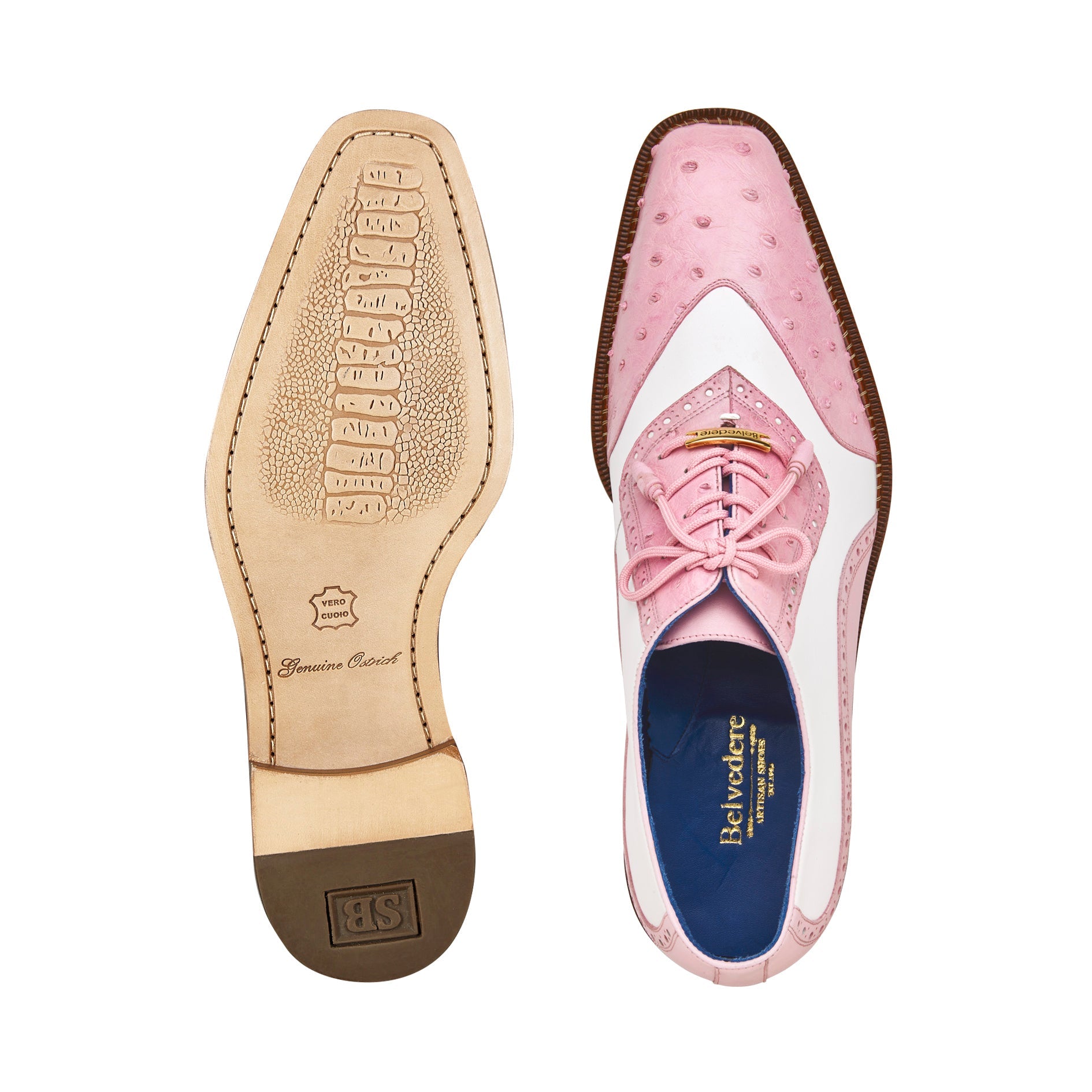 Belvedere Sesto Genuine Ostrich Quill & Italian Leather Wingtip Dress Shoes - Rose Pink/White Size R54 | Luxury Formal Shoes for Weddings, Business Meetings & Special Occasions