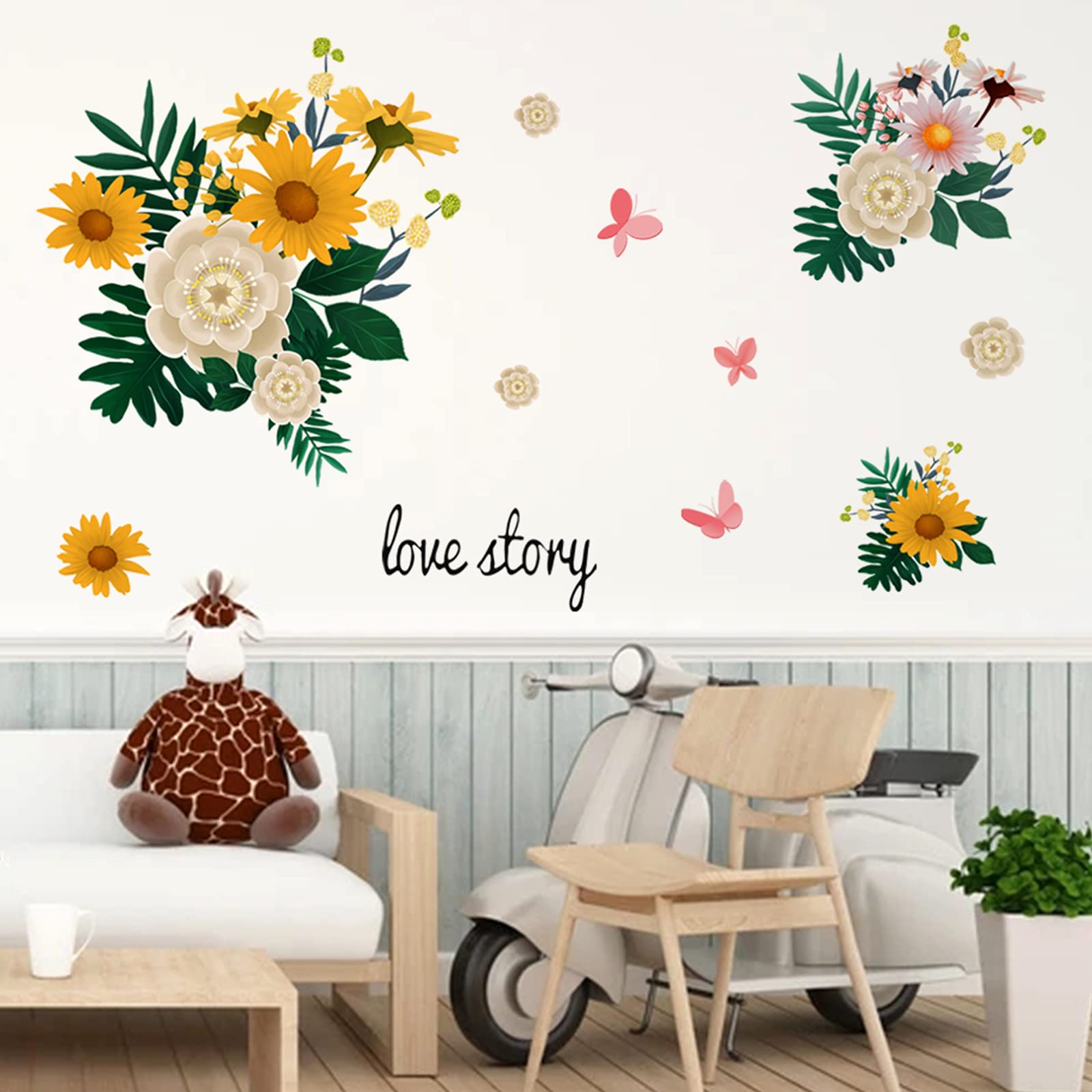 Yellow Daisy Floral Wall Decals with Butterflies & Green Leaves - Removable DIY Wall Stickers for Home Decor | Perfect for Bedroom, Nursery & TV Wall Art | Easy Peel-and-Stick Wallpaper Alternative