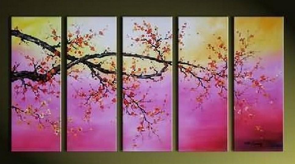 Plum Tree Abstract Canvas Painting - Large 5-Piece Wall Art Set, Acrylic Floral Artwork, Ready to Hang - Perfect for Living Room, Bedroom & Office Decor