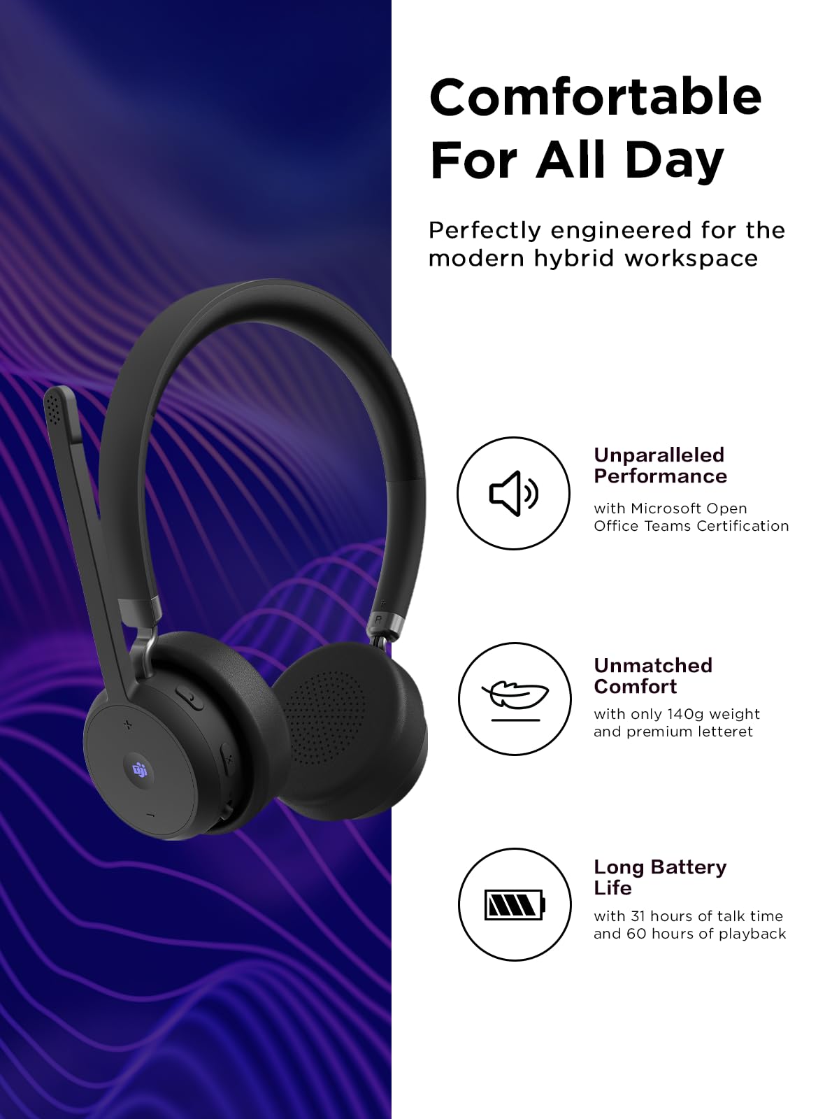 Lenovo Wireless VoIP Headset for Microsoft Teams Certified - Noise Cancelling Microphone, Bluetooth 5.3 Multipoint Connectivity, USB-A Receiver - 31H Talk Time & 60H Playback - Lightweight Over-Ear Design with Replaceable Earcups - Perfect for Remote Work, Online Meetings & Call Centers