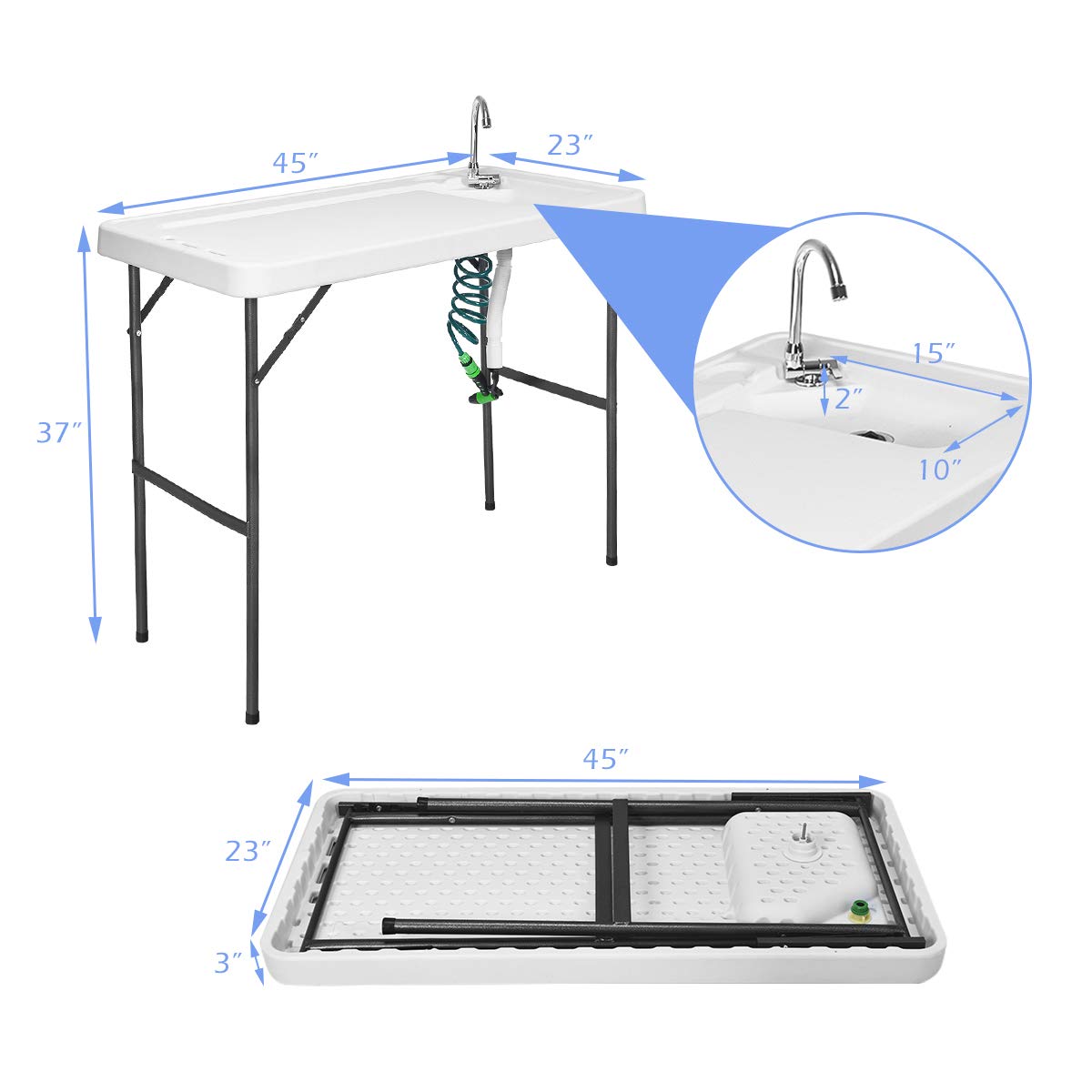 GYMAX Foldable Fish Cleaning Table with Sink & Adjustable Sprayer - Portable Outdoor Fillet Station with Rotatable Faucet for Fishing, Camping, Picnic, Backyard & Beach Use