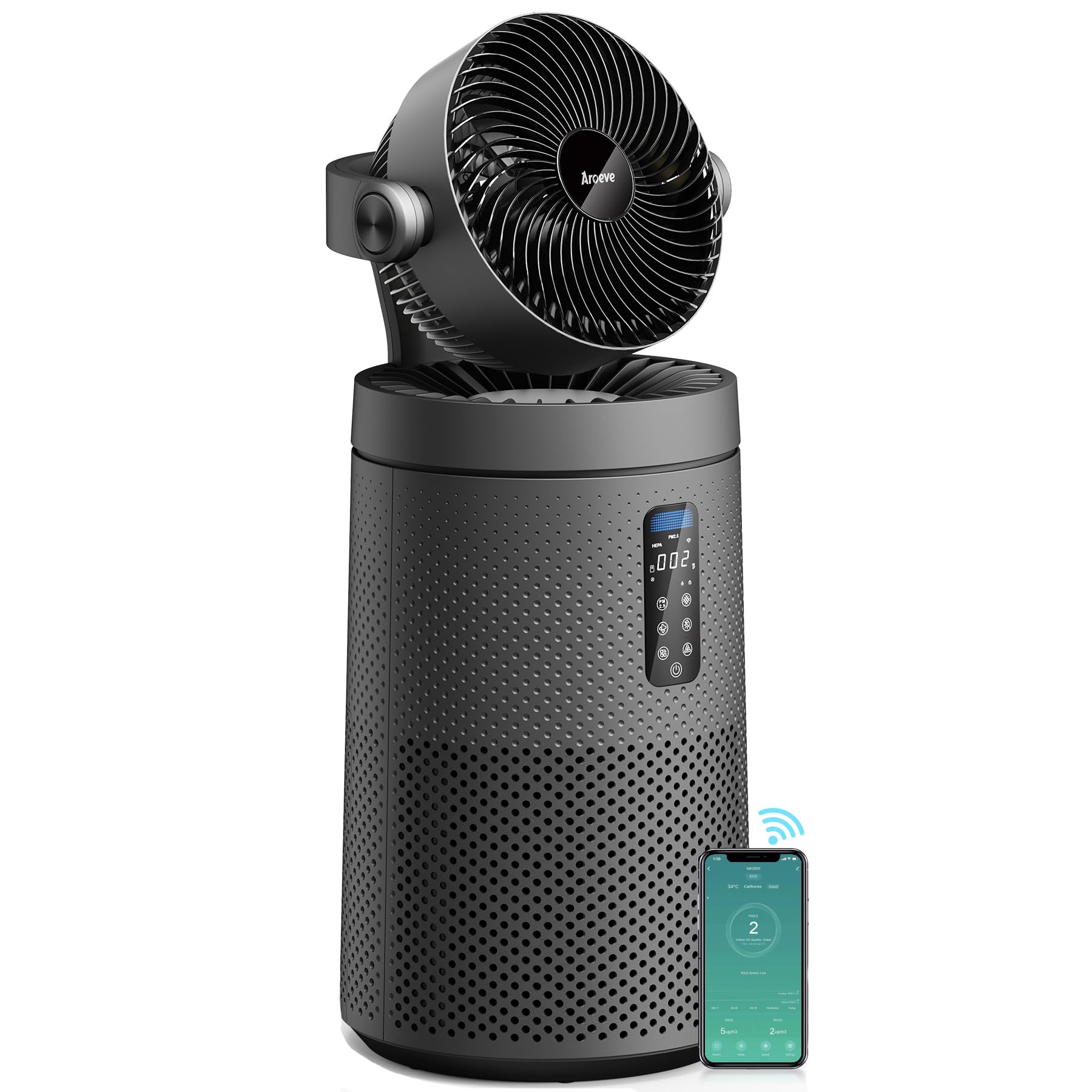 AROEVE Smart WiFi Air Purifier for Large Rooms up to 1980 Sq.Ft - H13 True HEPA Filter with Air Circulator System, Washable Filter, Oscillating Function - Ideal for Whole Home, Bedroom, Office & Indoor Spaces (MK08W, Space Gray)