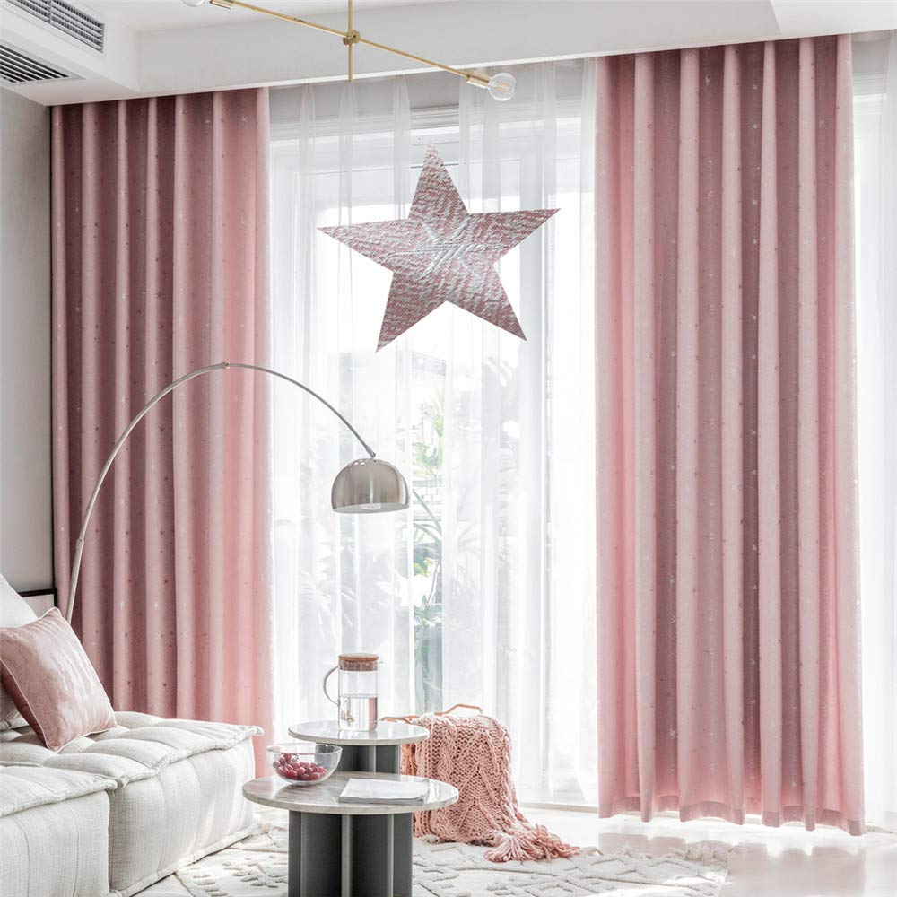 Blackout Curtains for Bedroom - 2 Panels Pink Linen Jacquard Star Grommet Top Window Drapes for Girls Room, Living Room & Kitchen - Perfect for Light Blocking, Privacy & Room Decor