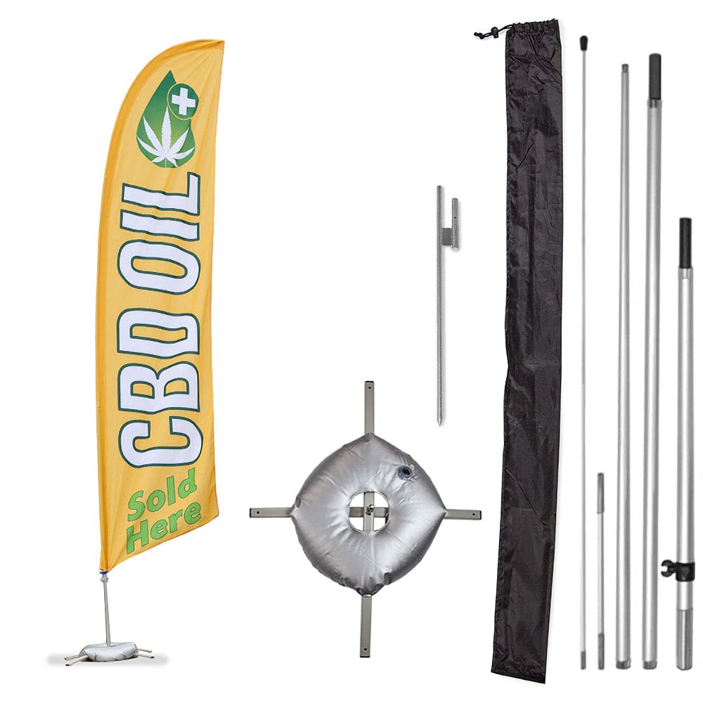 Premium CBD Oil Feather Flag Kit - 13ft Aviation Grade Fiberglass Poles, Flag, Cross Base, Weight Bag & Stake | Outdoor Advertising for CBD Shops, Dispensaries & Events