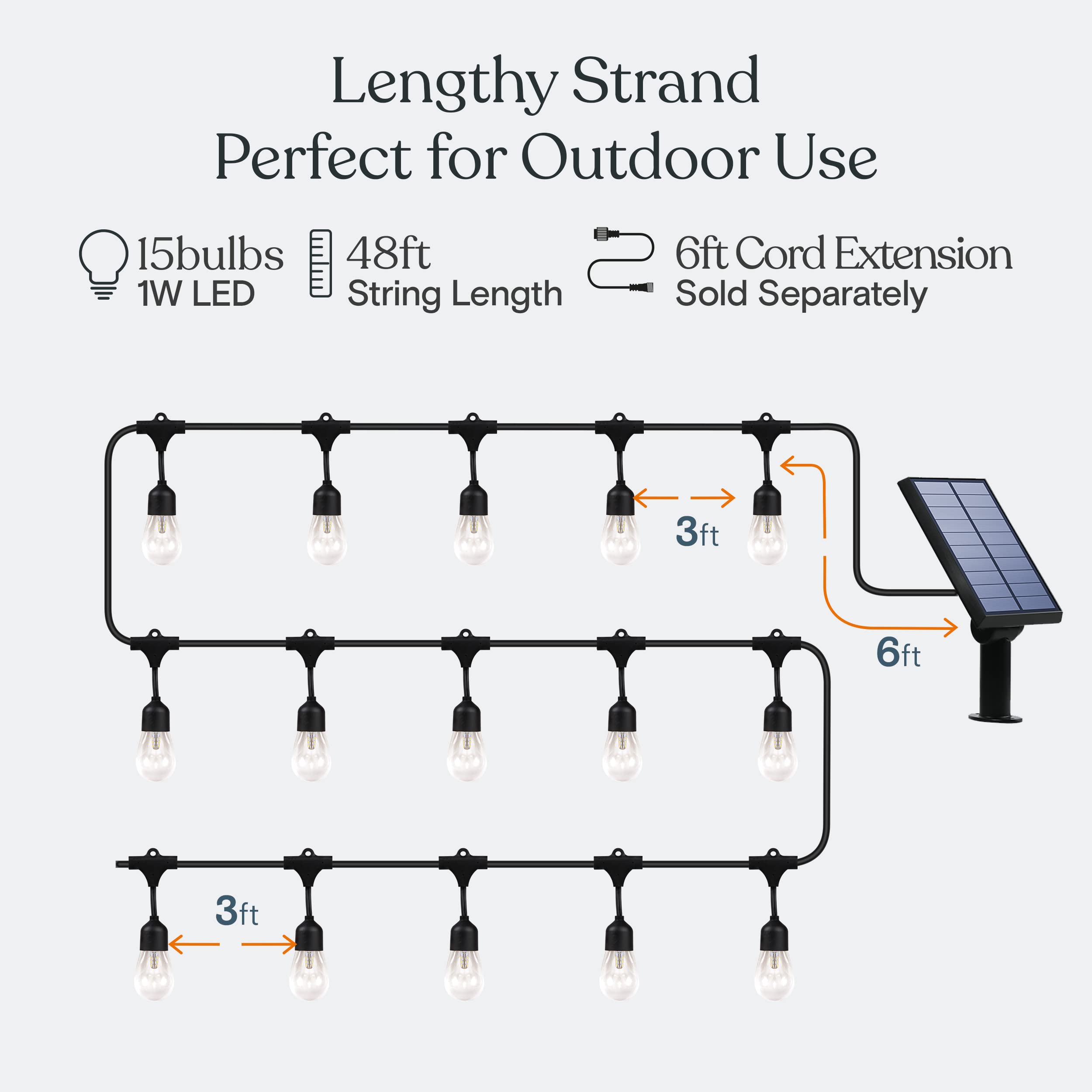 Brightech Ambience Pro Solar Powered Outdoor String Lights - 48 ft Commercial Grade Waterproof LED Patio Lights with 15 Shatterproof Edison Bulbs, Warm White (1W) - Perfect for Backyard, Garden, Deck, Porch & Outdoor Parties