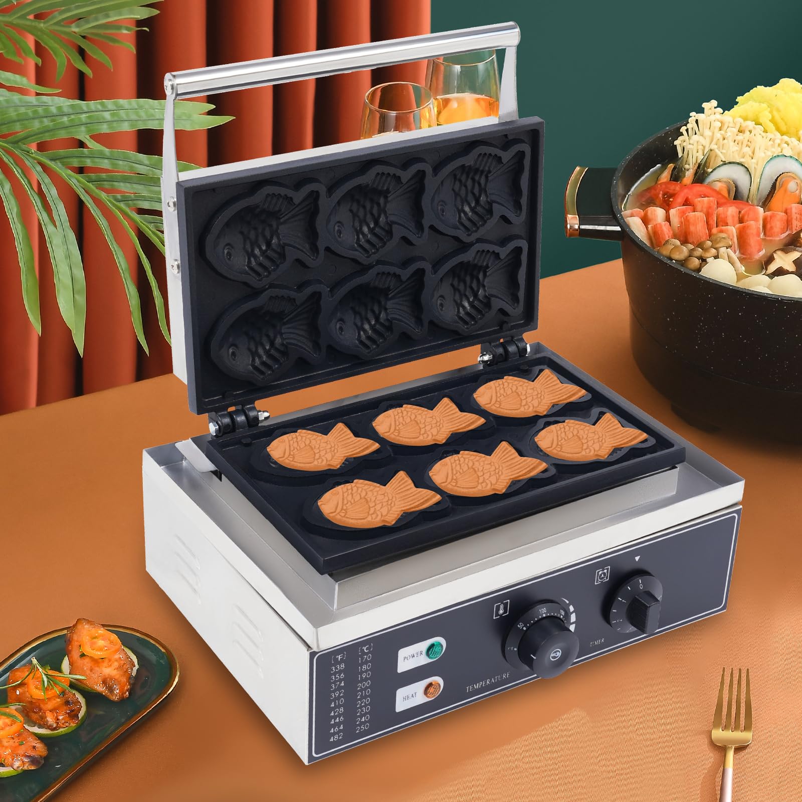 Japanese Taiyaki Waffle Maker - Fish-Shaped Nonstick Electric Waffle Iron 1550W 110V with 6 Closed-Mouth Molds for Home & Commercial Use - Perfect for Breakfast, Desserts, Street Food & Party Snacks