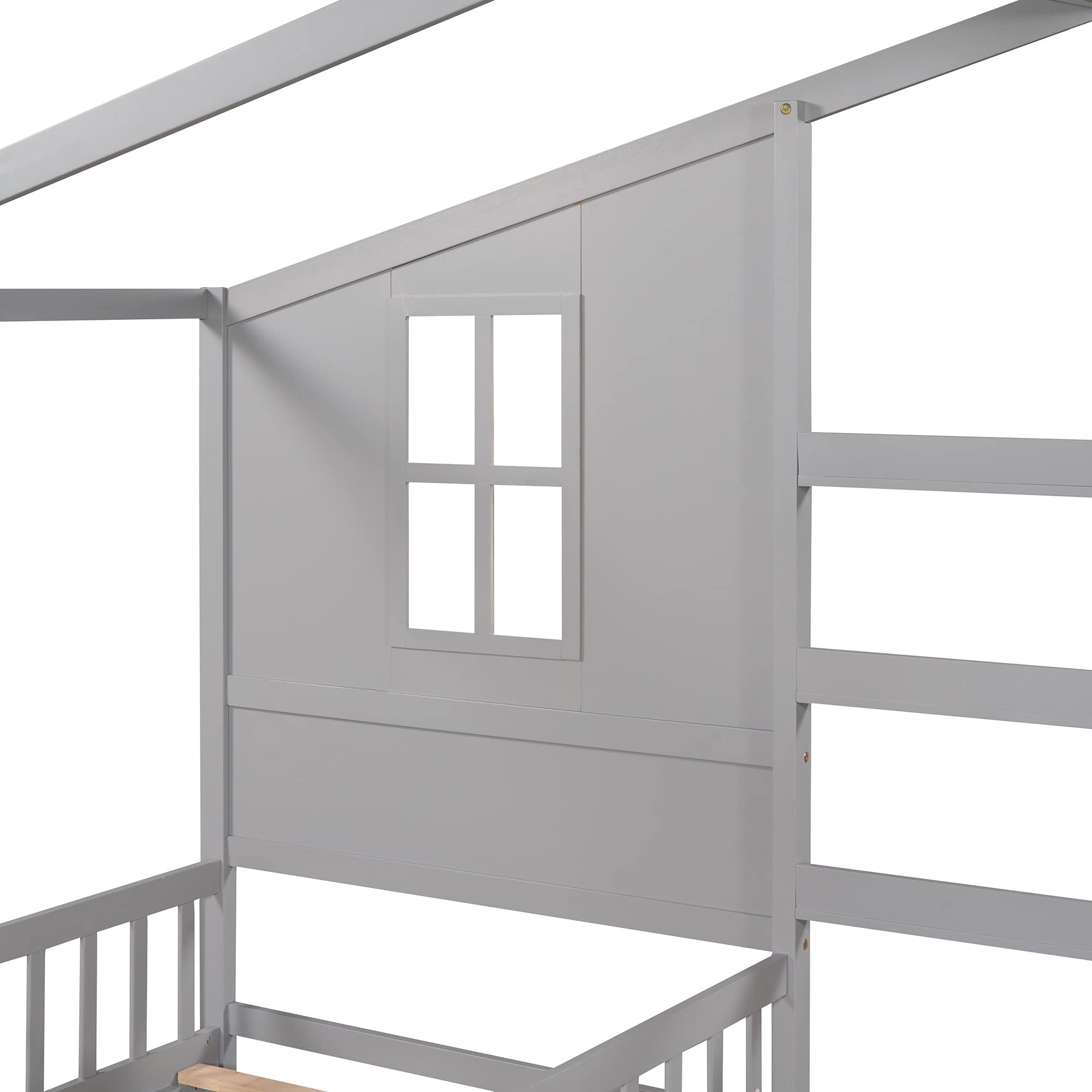 MERITLINE L-Shaped Twin Beds for Kids - Wooden Bunk Beds with Safety Fence & Playhouse Roof - Space-Saving Corner Bedroom Furniture for Siblings - No Box Spring Needed (Gray) - Perfect for Shared Kids' Rooms & Small Spaces