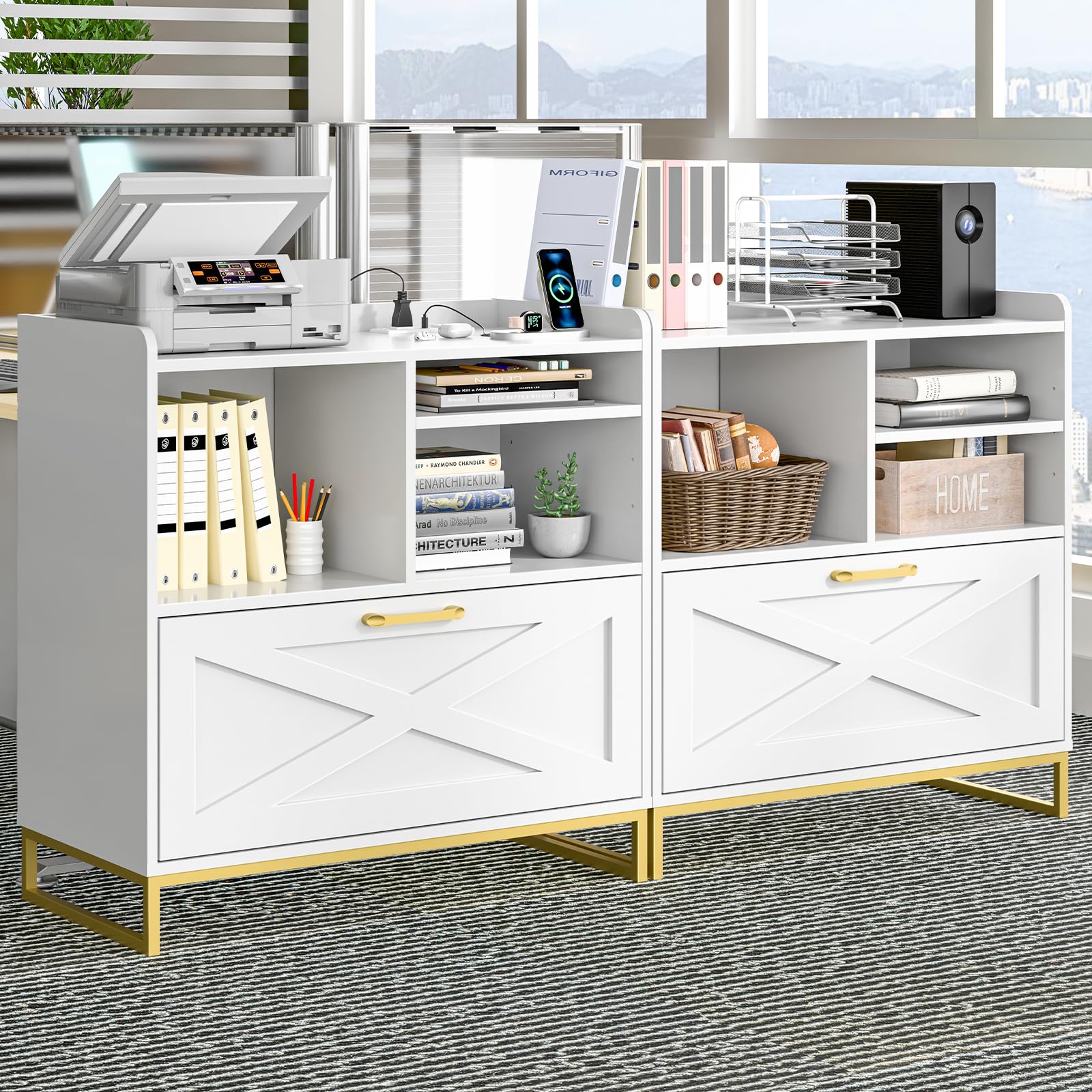 Modern Farmhouse Lateral File Cabinet with Charging Station - Large Wood File Storage Cabinet with Adjustable Shelves for Home Office Organization - White - Perfect for Office, Study Room & Home Workspace Storage