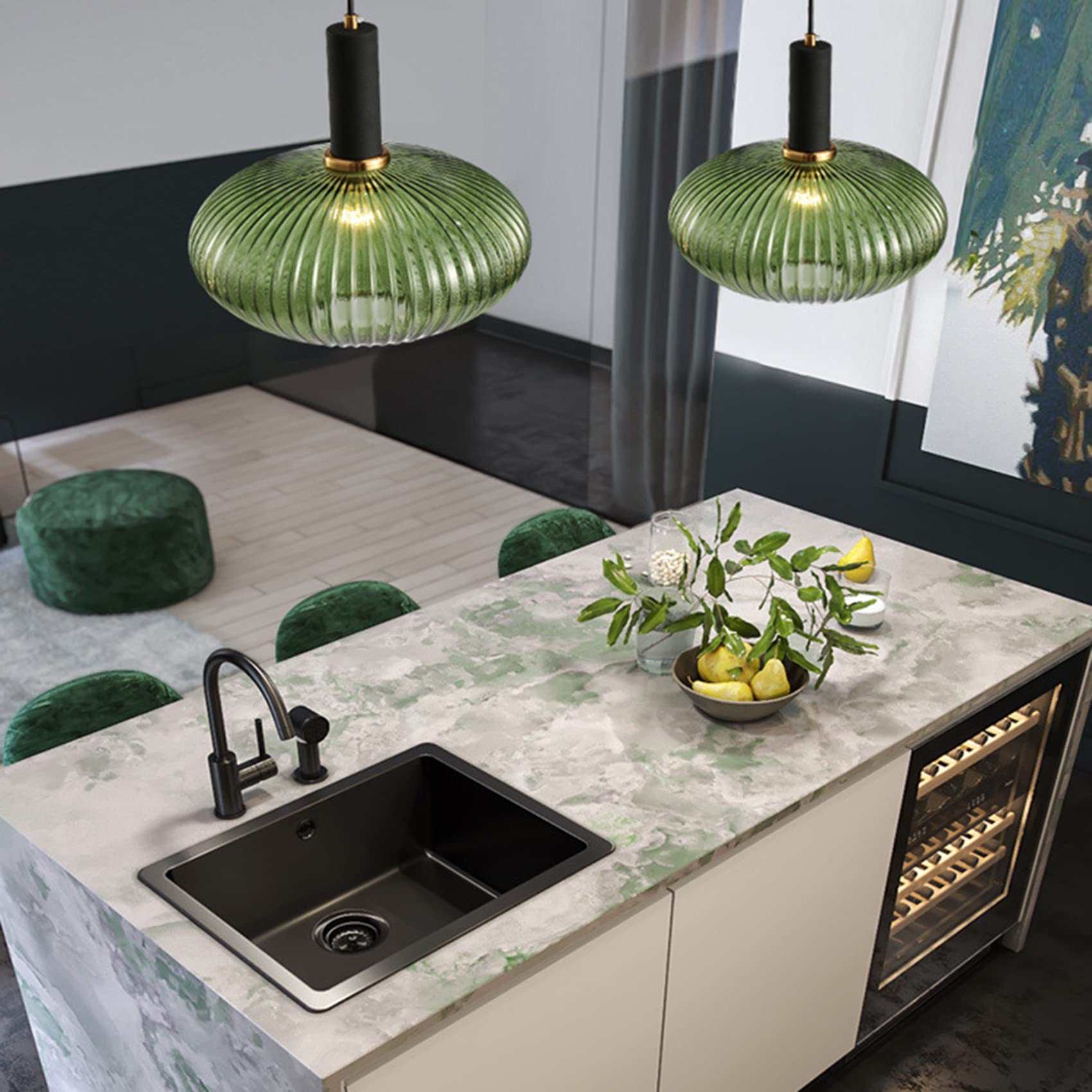 Modern Black Pendant Light with Striped Glass Shade - Farmhouse Kitchen Island Hanging Fixture for Dining Room, Living Room, or Bedroom (Large, Green)