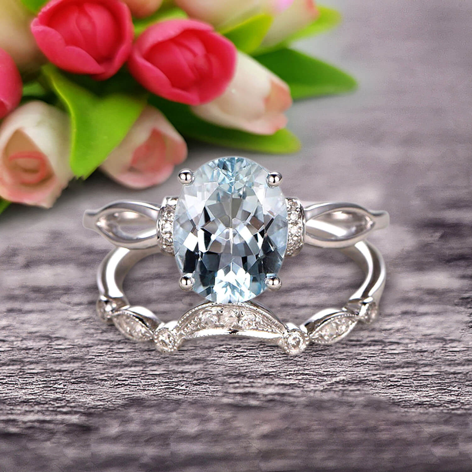 1.50 Carat Oval Cut Aquamarine Engagement Ring Set with Curved Loop Stacking Wedding Band in 10K White Gold – Perfect for Bridal Jewelry, Anniversary Gifts & Special Occasions
