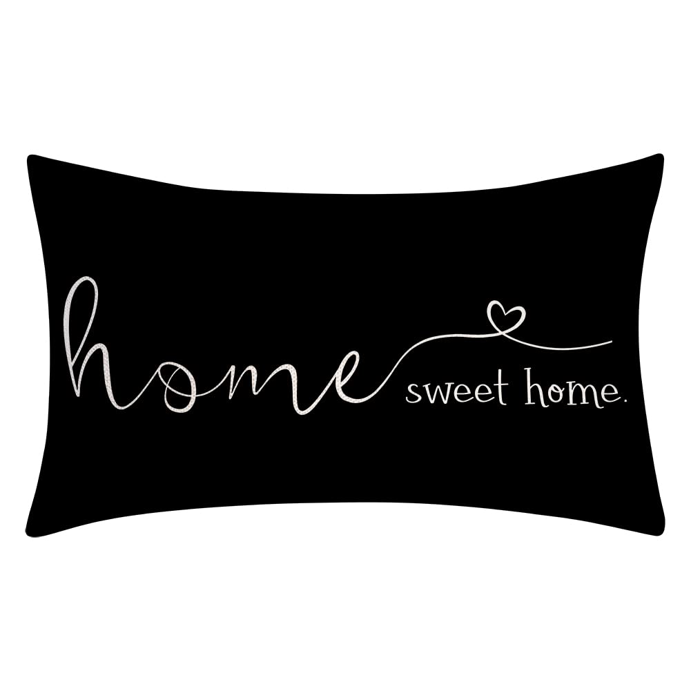 Farmhouse Style 'Home Sweet Home' Quotes Decorative Throw Pillow Covers 12x20 Inch - Black Cotton Linen Cushion Case for Sofa, Bed, Living Room - Perfect Housewarming Gift & Cozy Home Decor