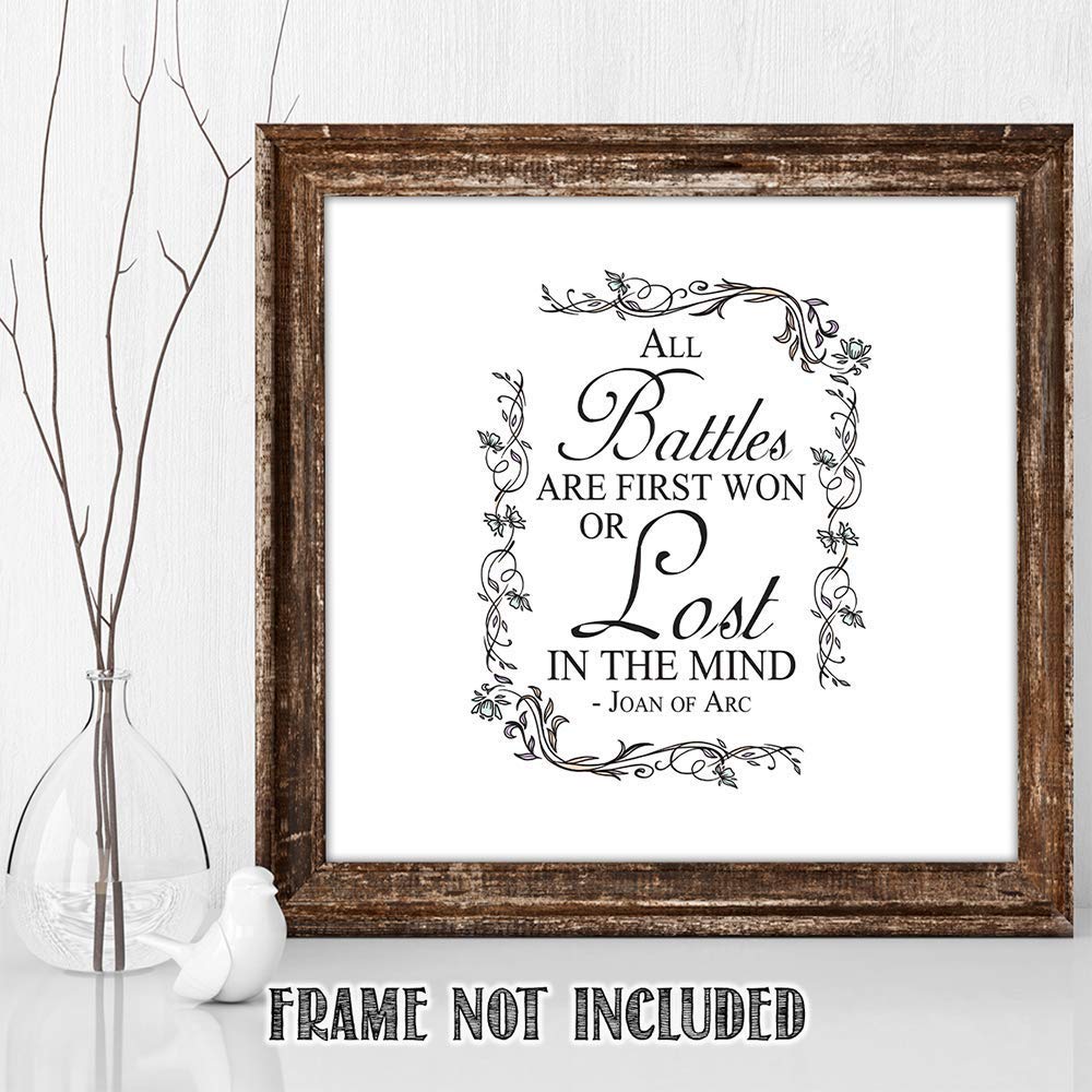 TJ Originals - 'All Battles are First Won or Lost in the Mind' Joan of Arc Christian Bible Quote Wall Art Print - 11x14 Inspirational Scripture Decor with Floral Border - Perfect for Home, Office & Gift for Family & Friends