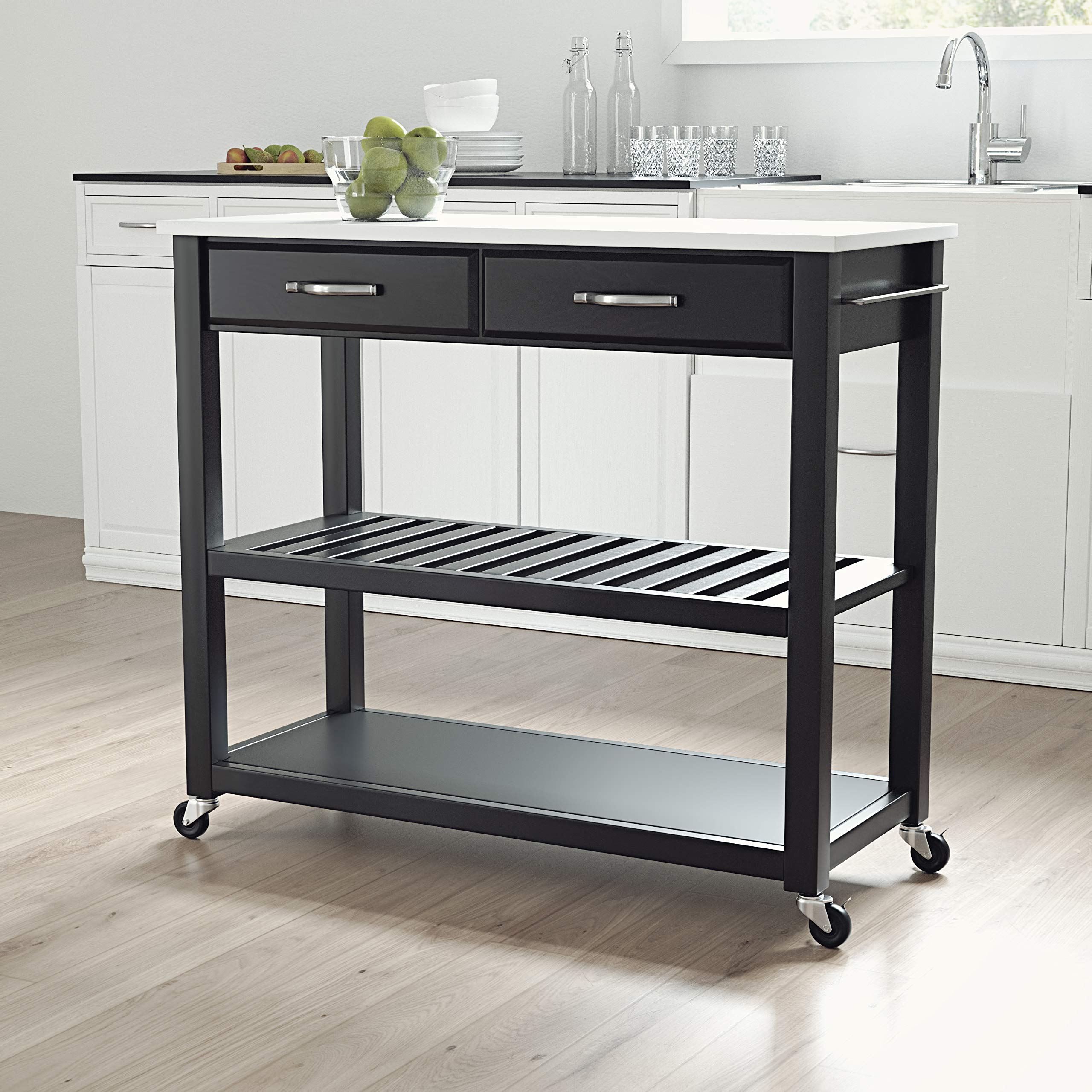 Crosley Black Stone Top Kitchen Prep Rolling Cart with Shelves - Microwave Stand, Coffee Bar, Mobile Kitchen Island for Small Spaces, Perfect for Apartments & Dorm Rooms