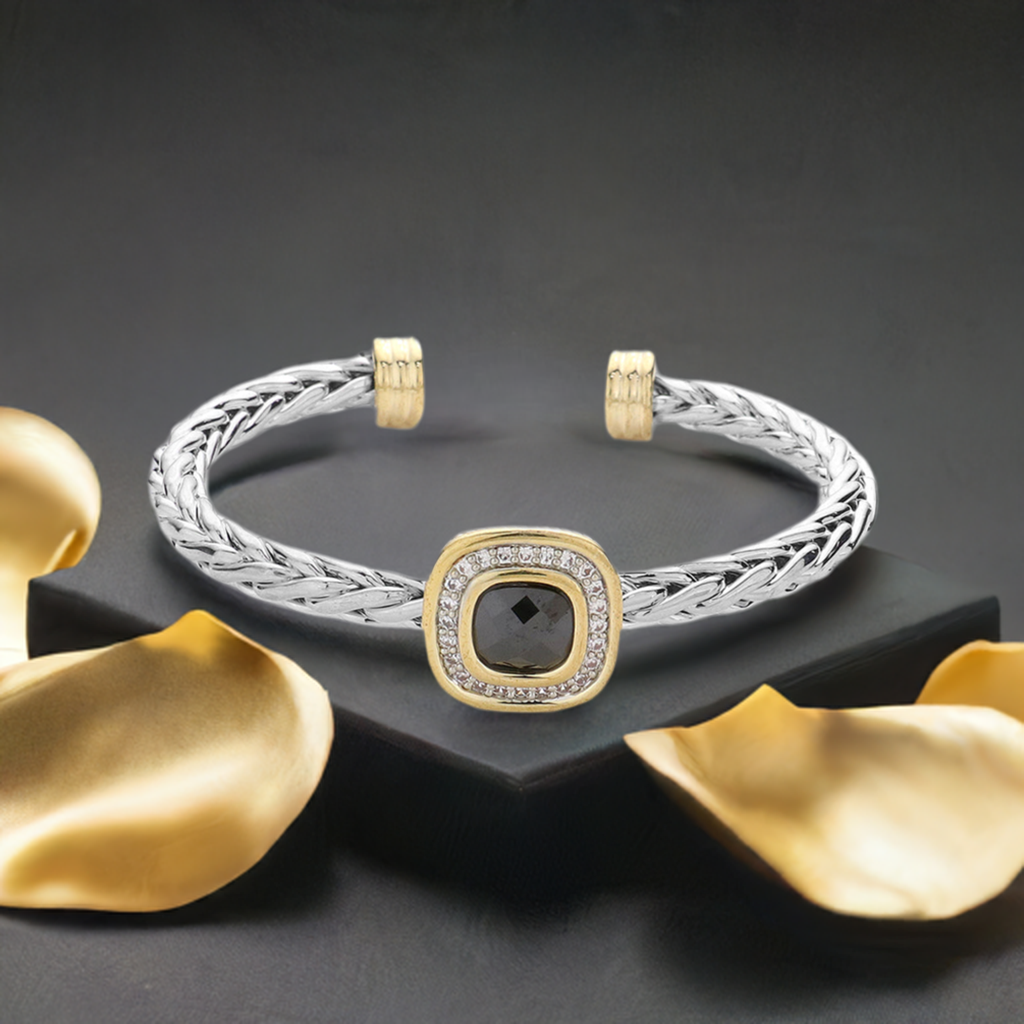 Two Tone Black Cubic Zirconia Square Cable Cuff Bracelet for Women - Elegant Fashion Jewelry Gift for Her, Perfect for Parties, Weddings & Special Occasions
