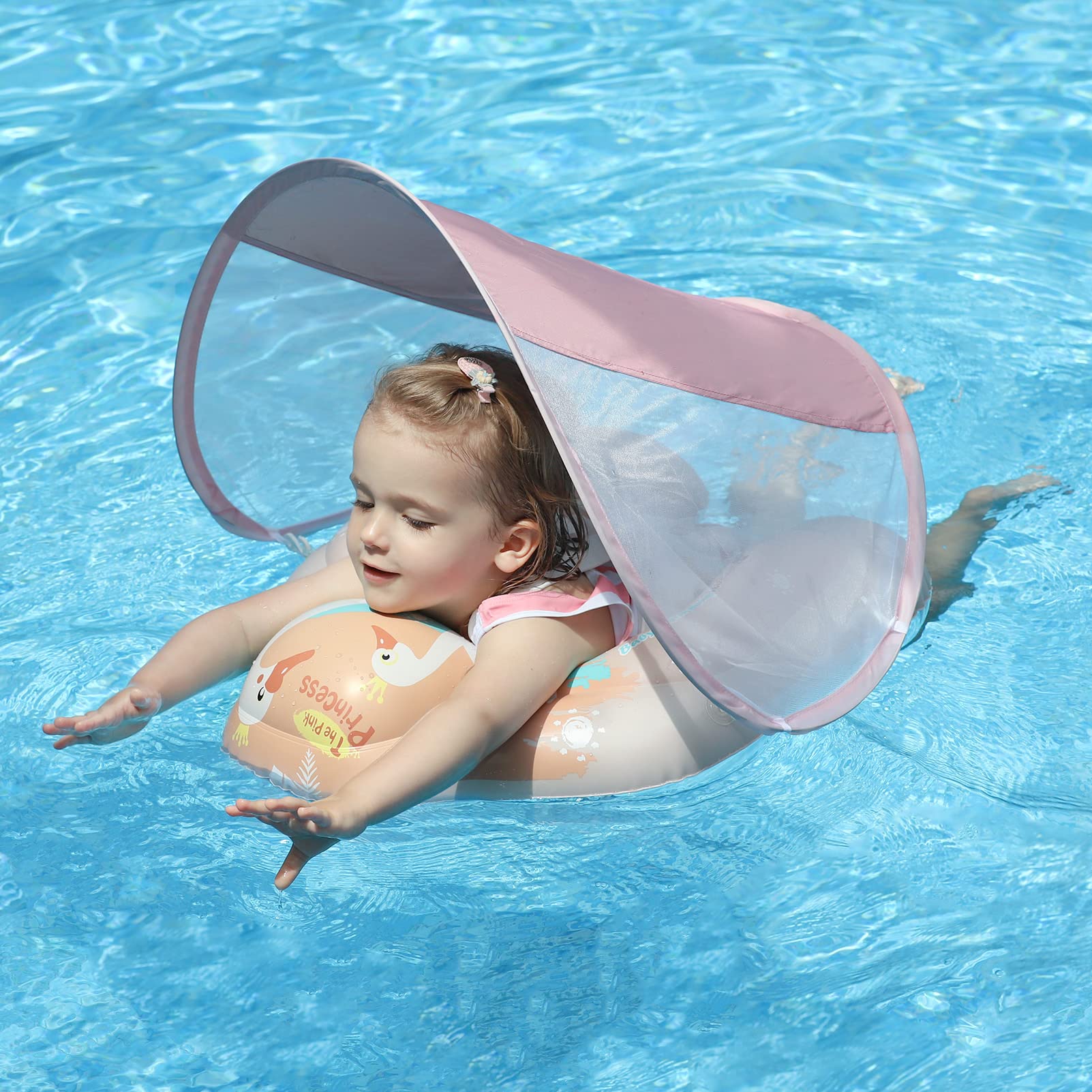 Free Swimming Baby Inflatable Float with Sun Canopy - Large Pink Pool Floaties for Infants 3-36 Months, Perfect for Backyard Pools, Beach Trips & Summer Water Play
