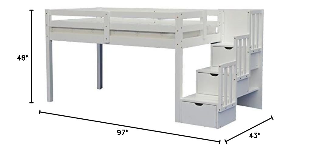 Junior Stairway Mid Loft Bed with Desk, Chest & Bookcase - White Solid Wood Frame - Durable & Sturdy for Kids & Teens - Perfect for Small Bedrooms, Dorm Rooms & Space-Saving Solutions