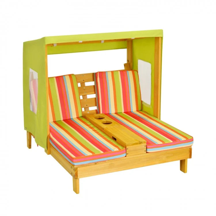 Kids Patio Lounge Chair with Cup Holders & Adjustable Awning - Outdoor Sunshade Recliner for Poolside, Backyard, Beach - Multicolor UV-Resistant Children's Furniture