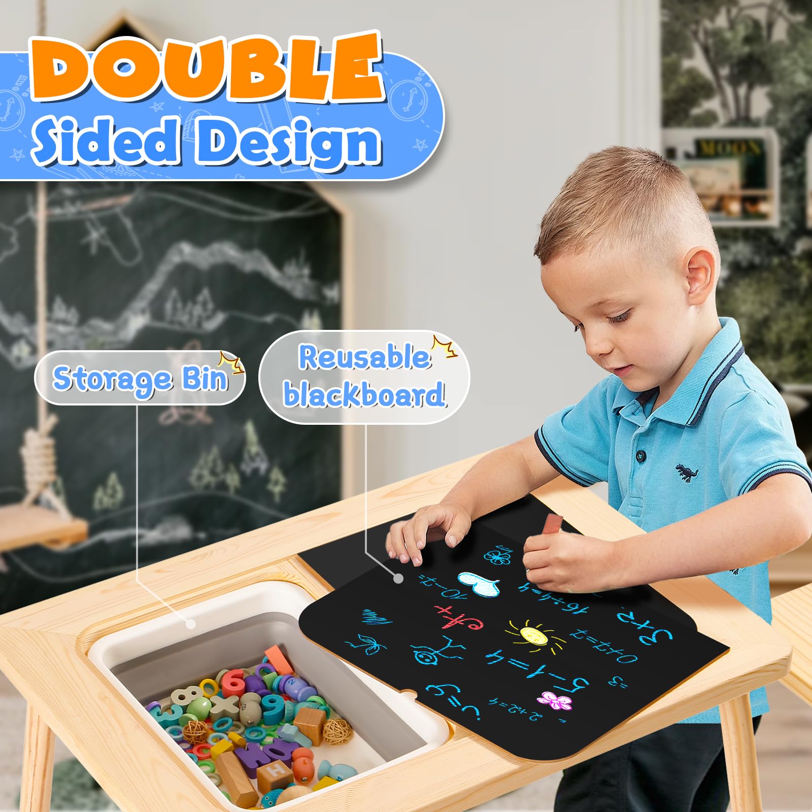 **Kids Sensory Table with 2 Stools - Multifunctional Toddler Sand & Art Play Table for Indoor Activities - Includes 2 Storage Bins & 2 Stools - Perfect for Sensory Play, Drawing & Creative Learning**