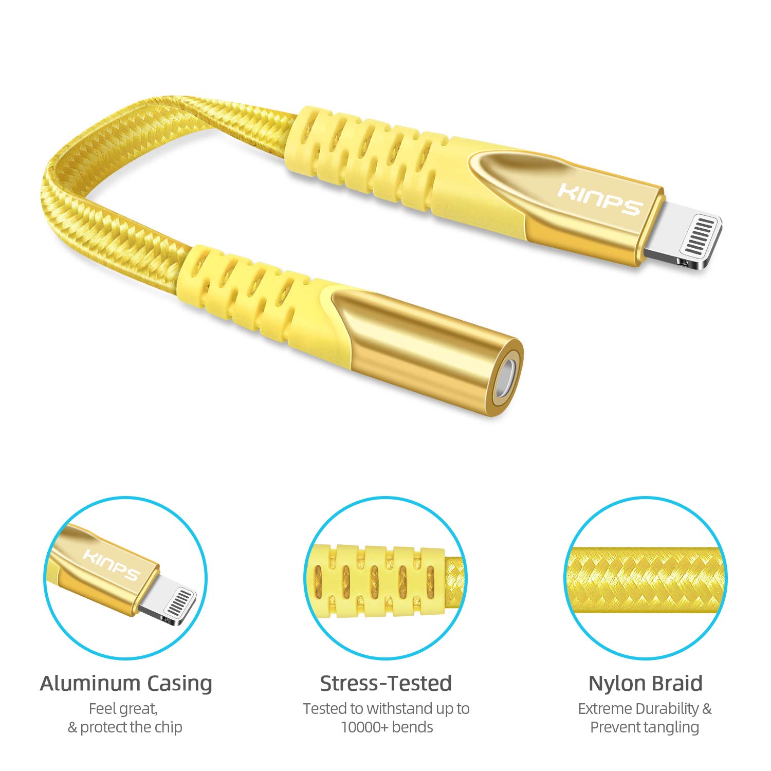 KINPS MFI Certified Lightning to 3.5mm Headphone Jack Adapter for iPhone 12/11 Pro Max/11 Pro/11/XS Max/XS/XR/X/8 Plus & iPad - Yellow | Audio Connector for Music, Gaming & Hands-Free Calls