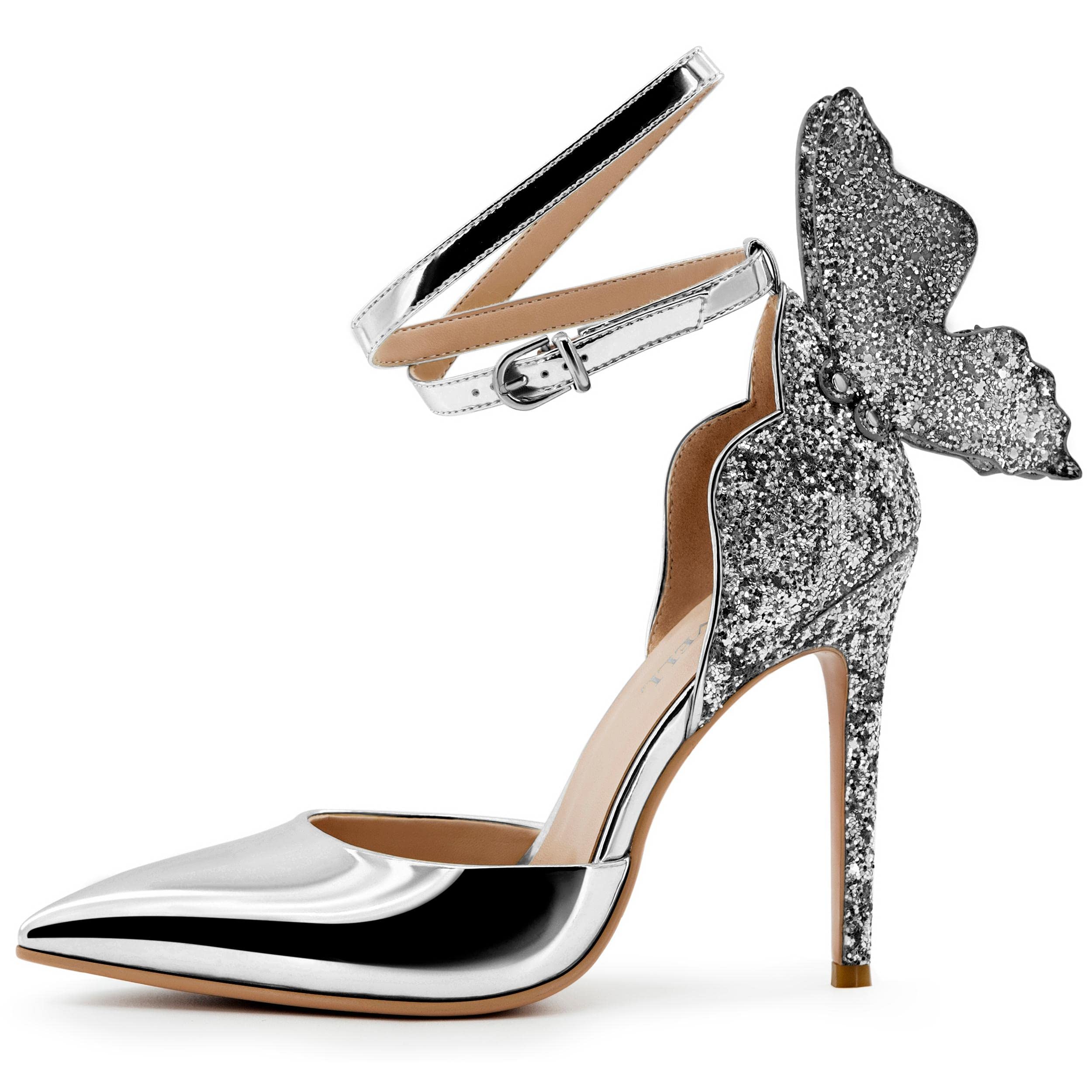 Elegant Gold High Heel Sandals with Butterfly Back & Sparkly Ankle Strap - Women's Sexy Stiletto Pumps for Parties, Weddings & Evening Dresses