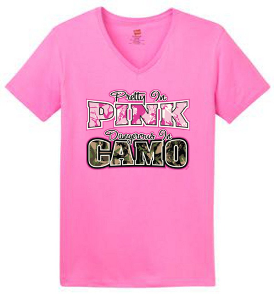 Patron Brand Women's Cotton V-Neck T-Shirt - Pretty In Pink & Dangerous In Camo | Soft Casual Tee for Everyday Wear, Workout & Street Style