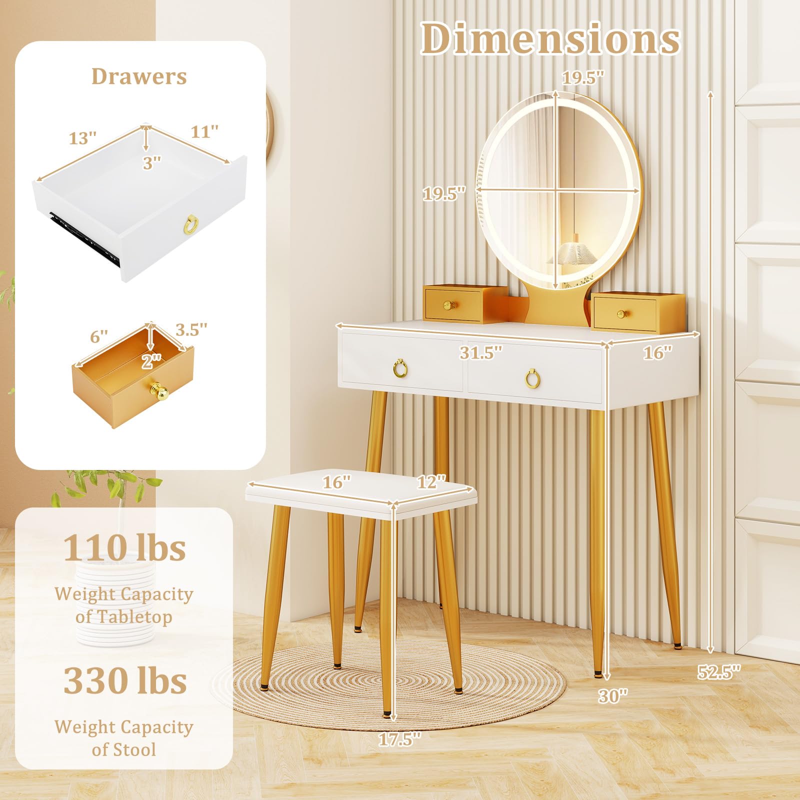 Charmaid Vanity Desk with Mirror & LED Lights - Modern Makeup Dressing Table with 4 Storage Drawers, 3 Lighting Modes & Adjustable Brightness, White & Gold Vanity Set with Stool - Perfect for Bedroom, Boudoir & Beauty Room Organization
